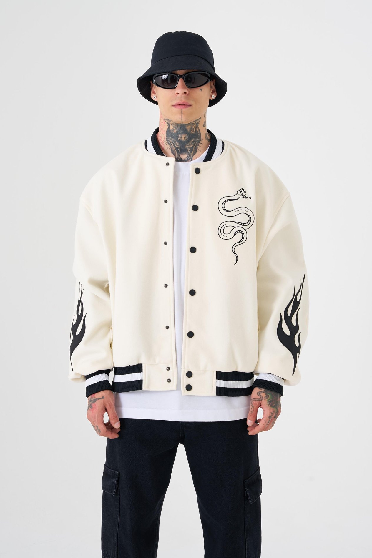 Erkek Snake Oversize Ekru Bomber Ceket