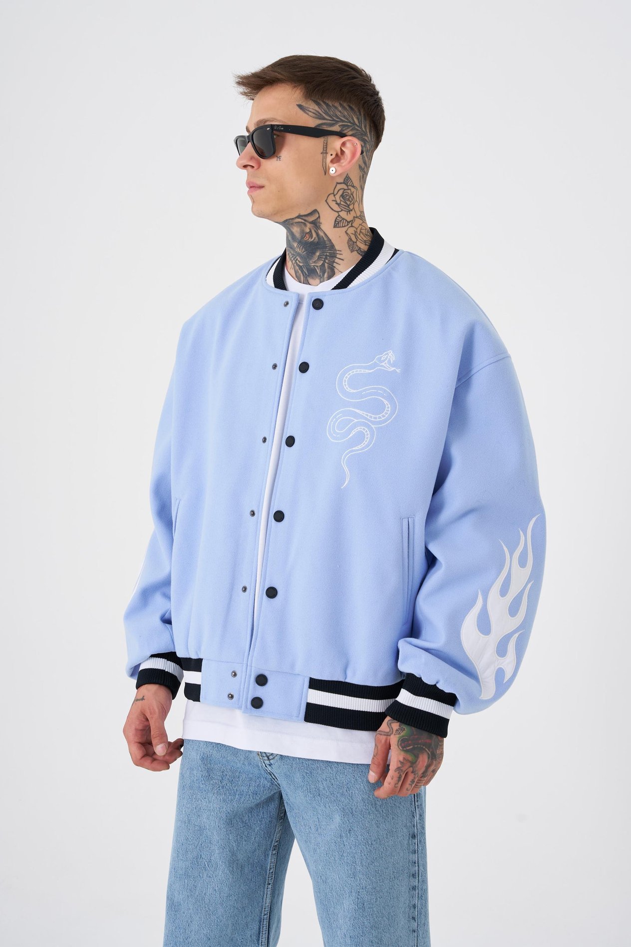 Erkek Snake Oversize Açık Mavi Bomber Ceket