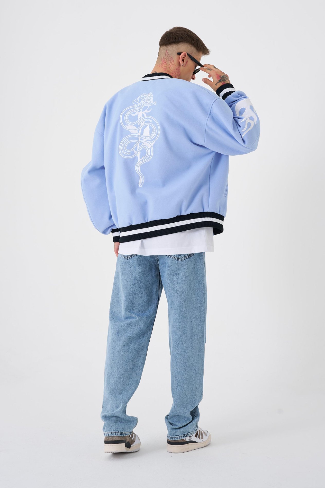 Erkek Snake Oversize Açık Mavi Bomber Ceket