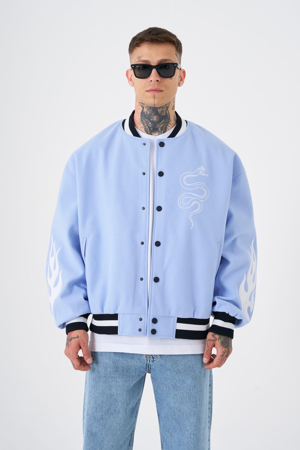 Erkek Snake Oversize Açık Mavi Bomber Ceket