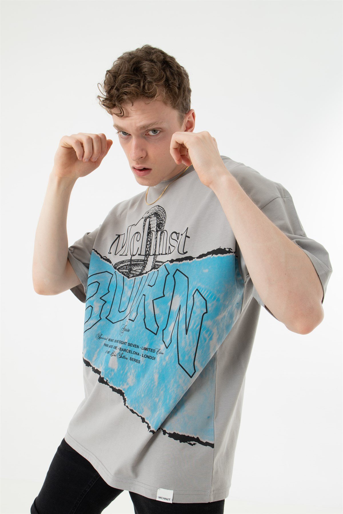 Oversize Old School Mchnst Born Yıkamalı T-Shirt-ICE GRİ