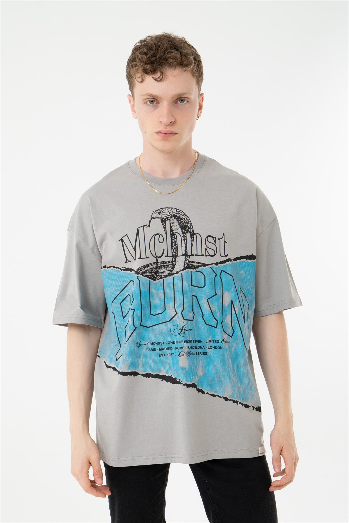 Oversize Old School Mchnst Born Yıkamalı T-Shirt-ICE GRİ