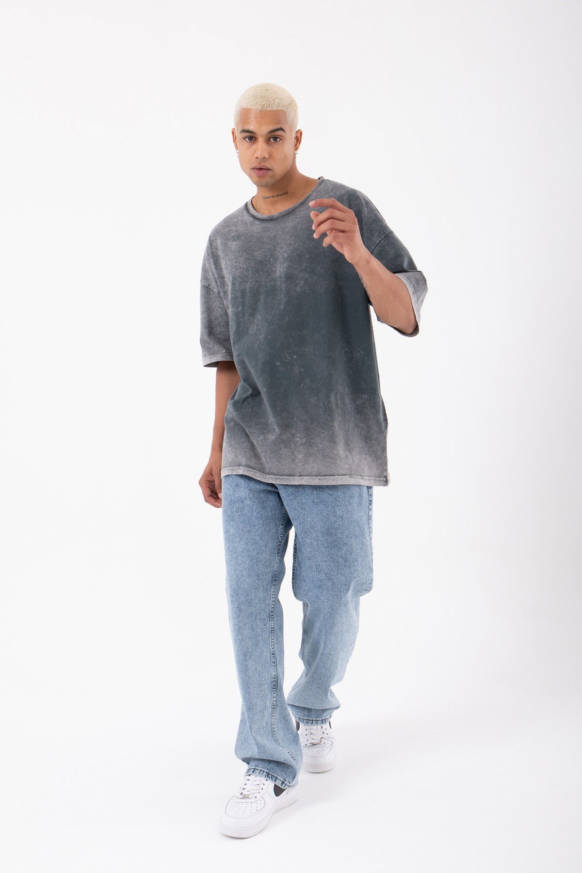 Oversize Basic Yıkamalı Kumaş T-Shirt SİYAH