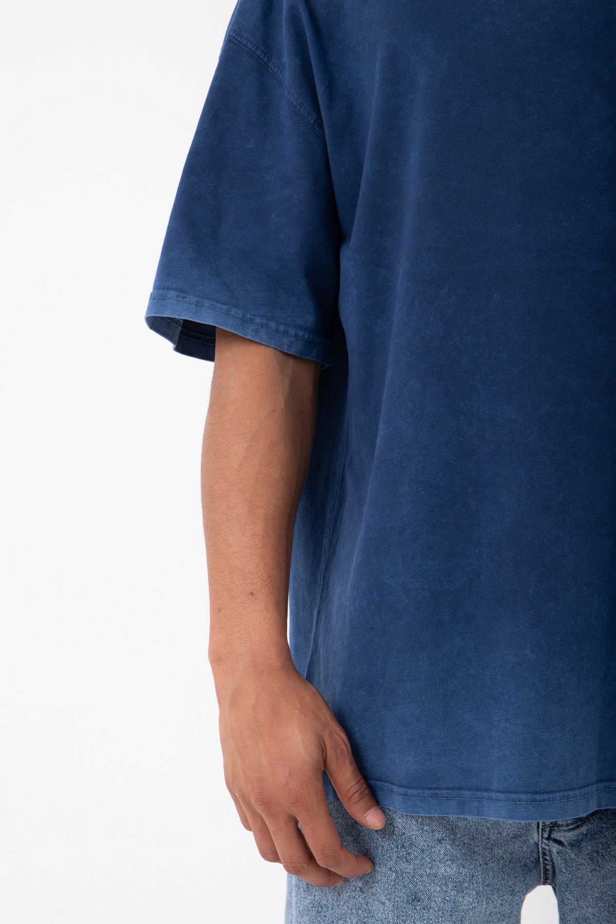 Oversize Basic Yıkamalı Kumaş T-Shirt INDİGO