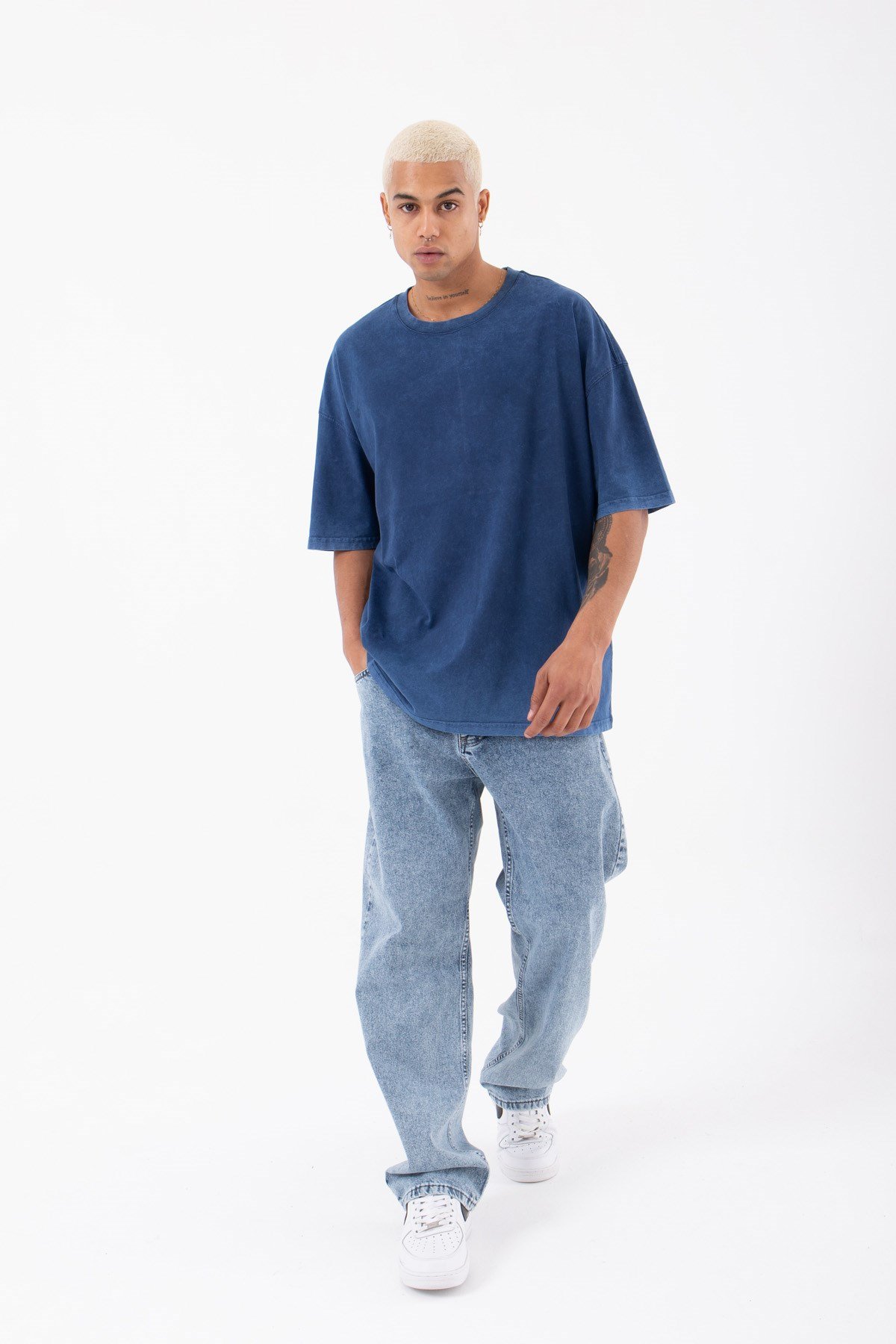 Oversize Basic Yıkamalı Kumaş T-Shirt INDİGO