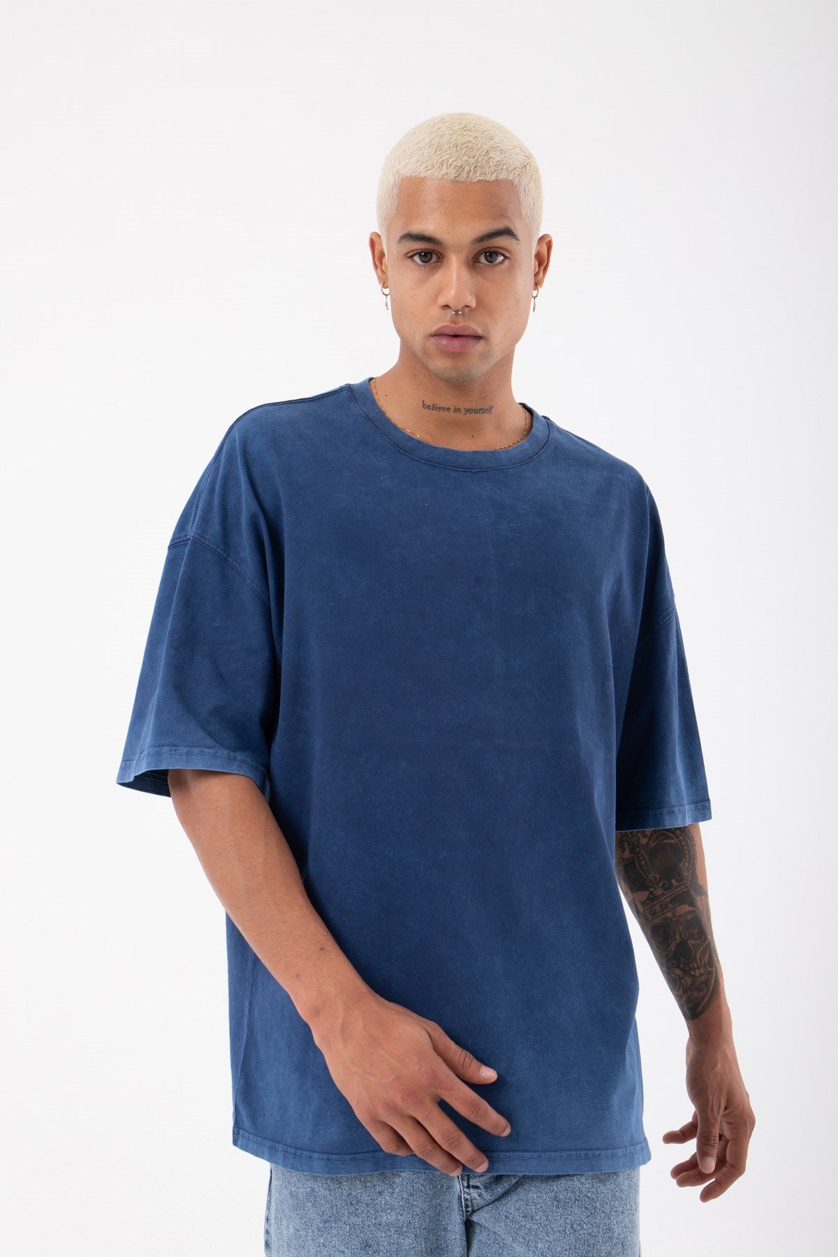 Oversize Basic Yıkamalı Kumaş T-Shirt INDİGO