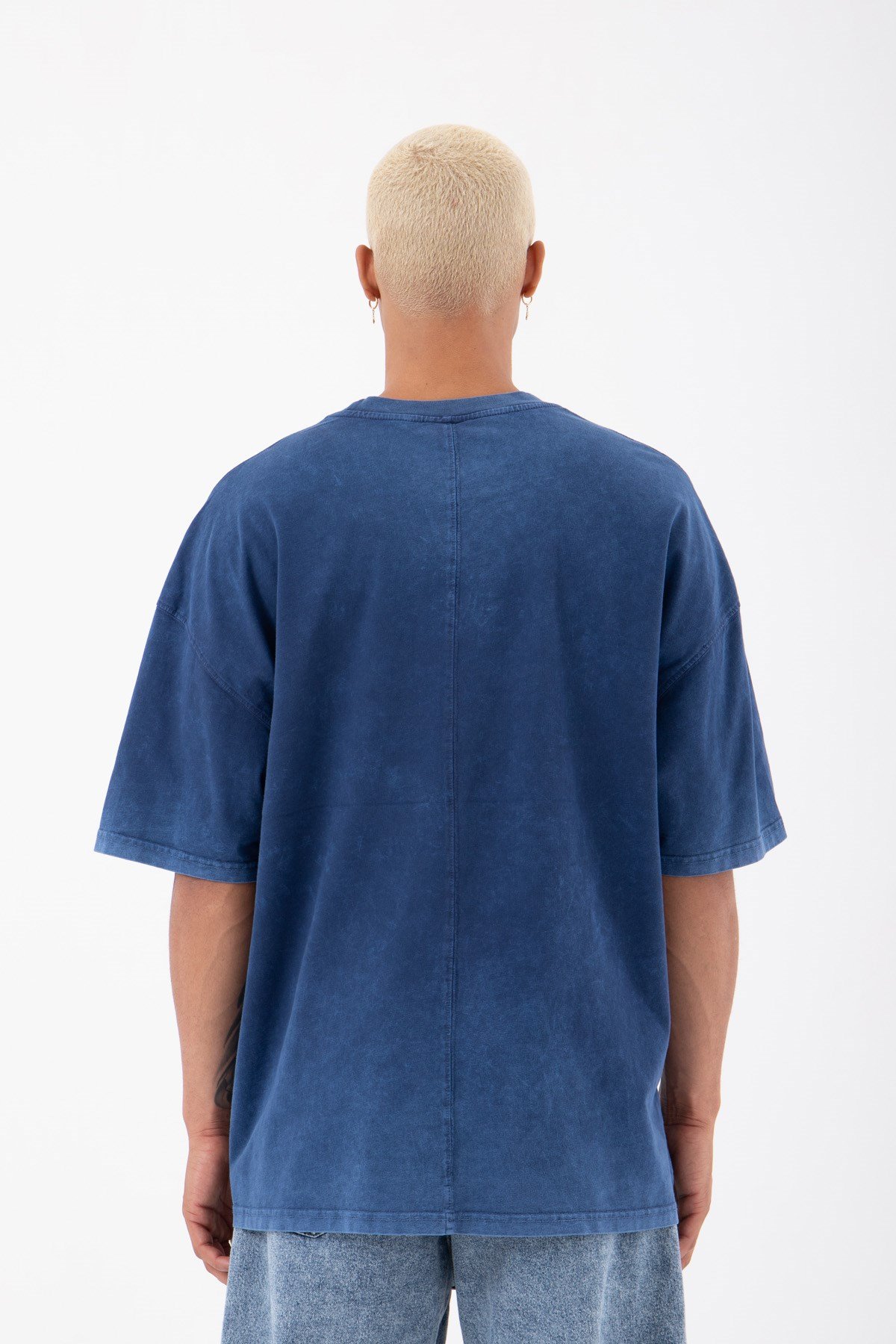Oversize Basic Yıkamalı Kumaş T-Shirt INDİGO