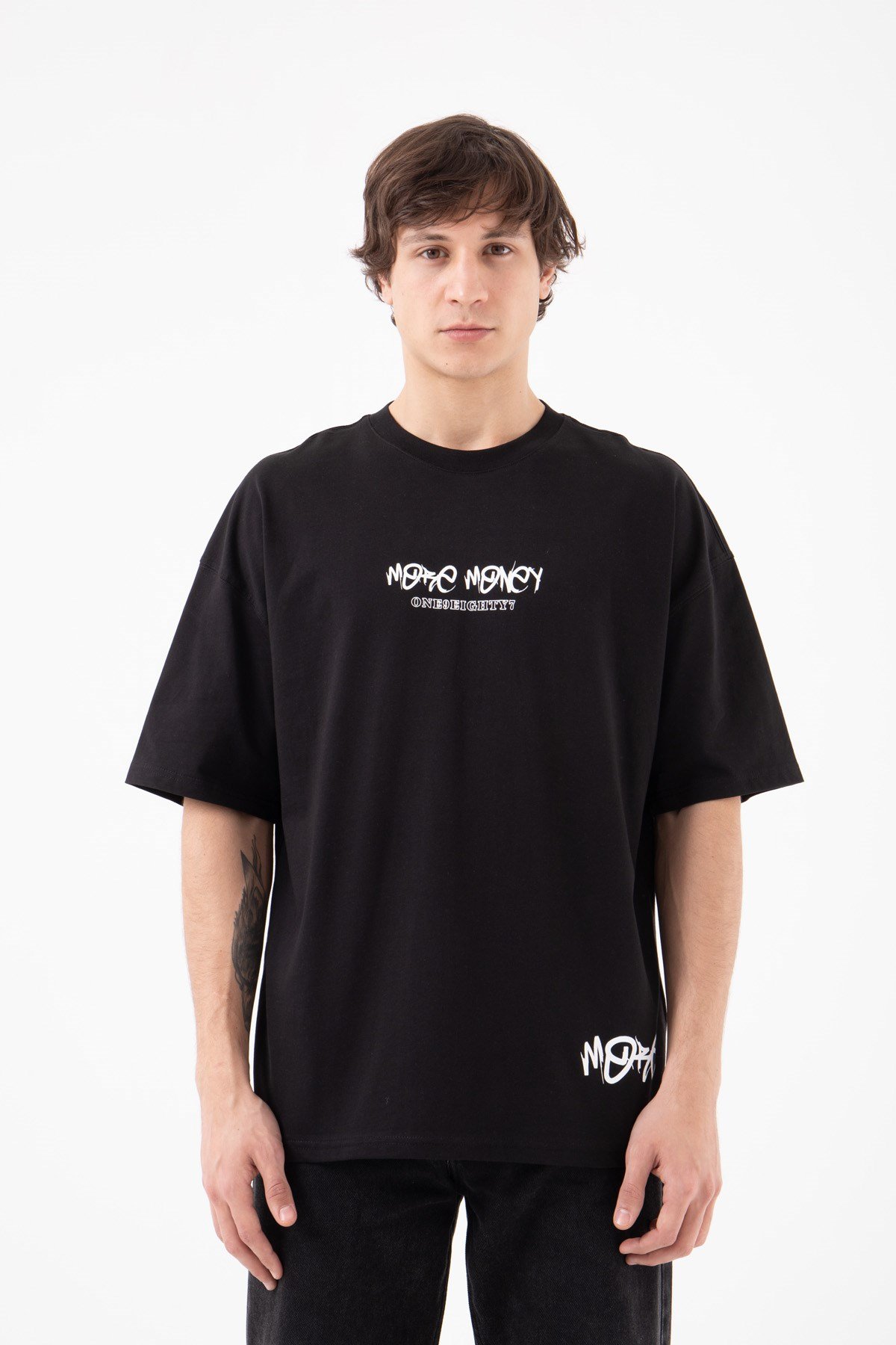 Oversize No Money Baskılı Pamuklu T-Shirt SİYAH