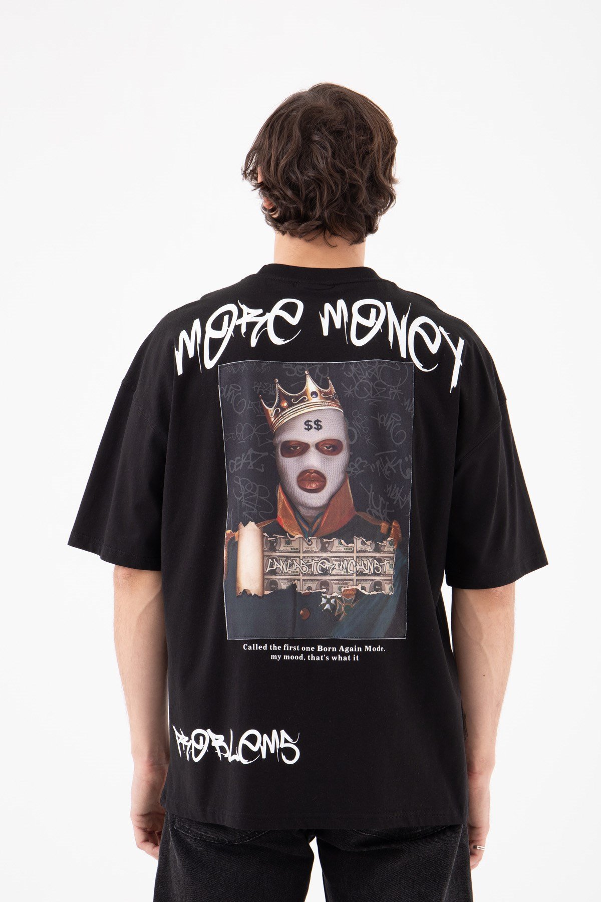Oversize No Money Baskılı Pamuklu T-Shirt SİYAH