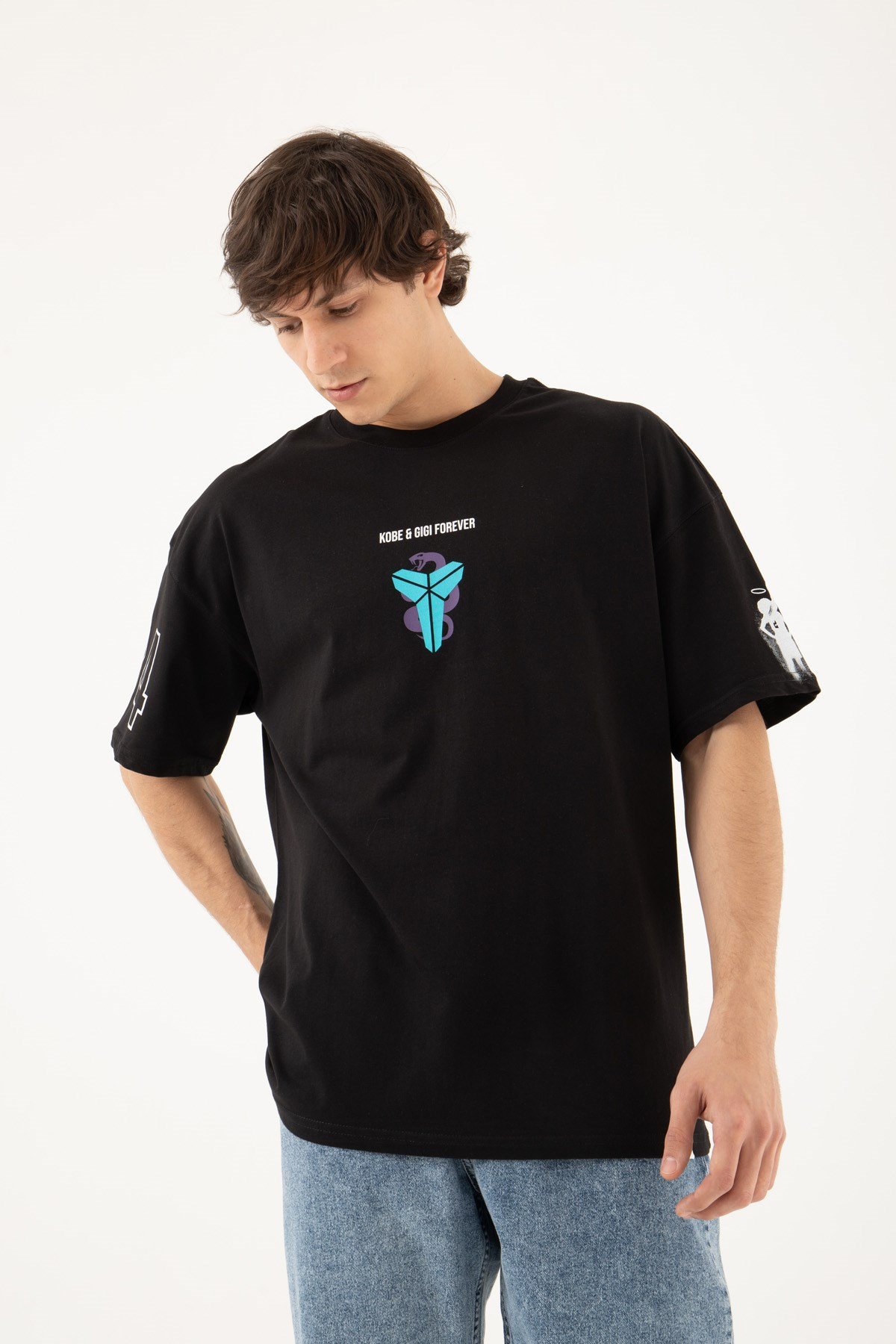 Oversize Black Mamba Baskılı Pamuklu T-Shirt SİYAH