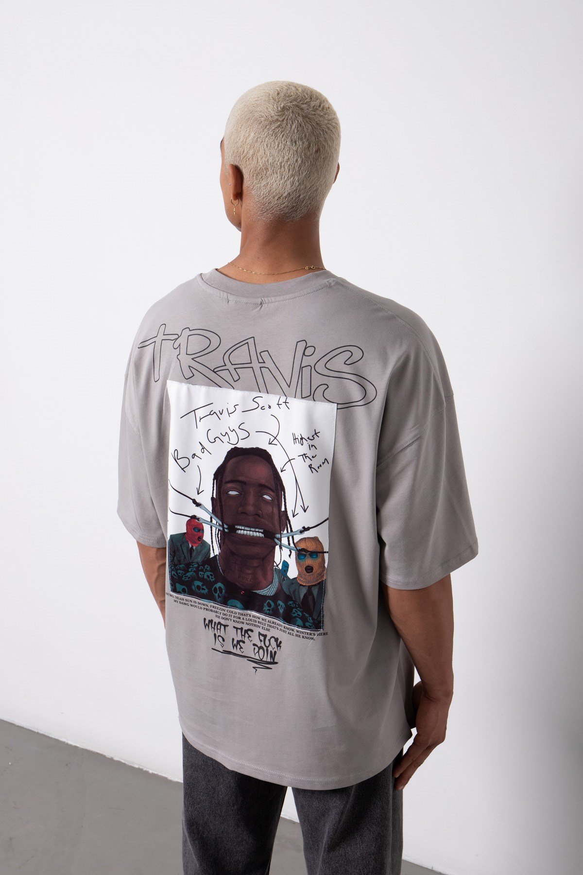 Oversize Travis Baskılı Pamuklu T-Shirt ICE GRİ