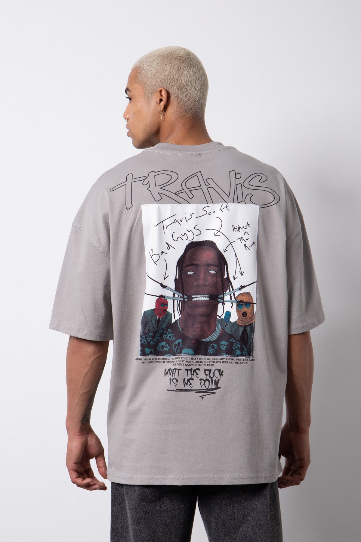Oversize Travis Baskılı Pamuklu T-Shirt ICE GRİ