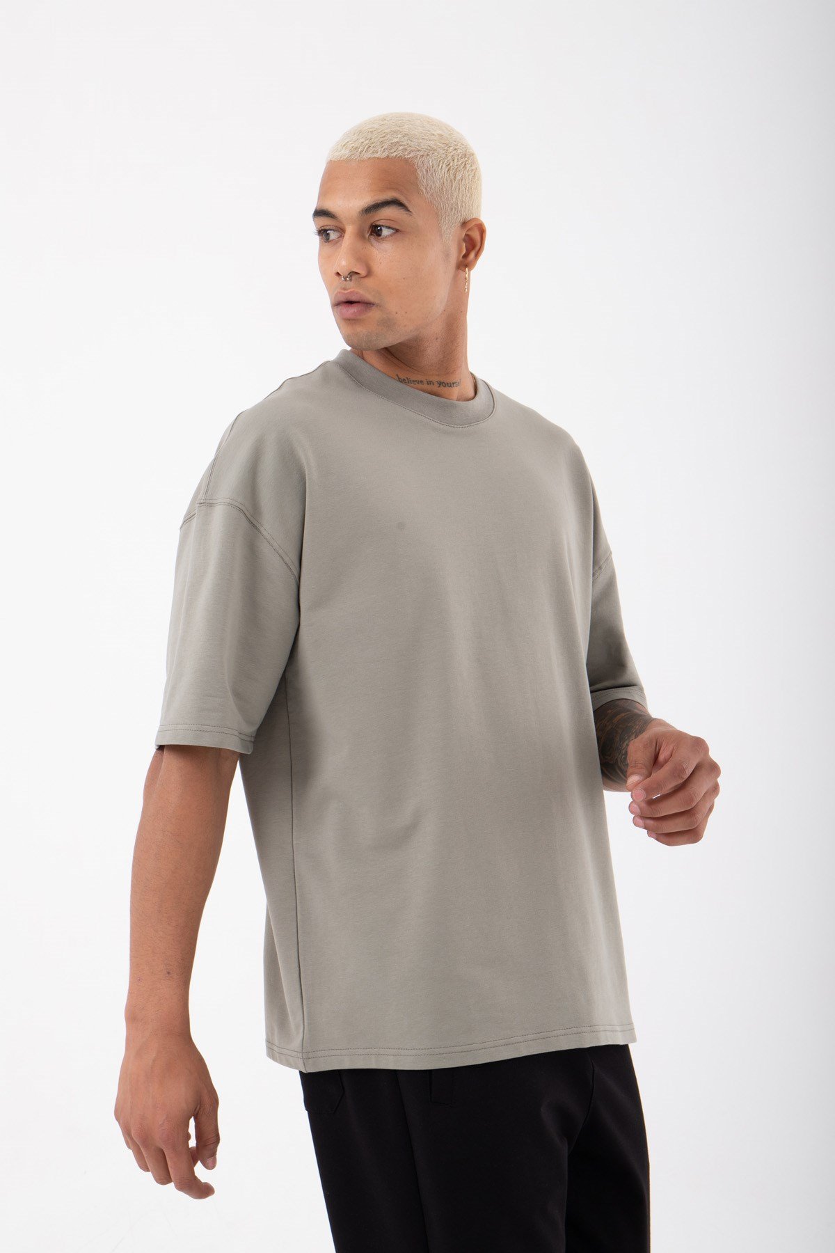 Oversize Basic Organik Pamuklu Kumaş T-Shirt HAKİ