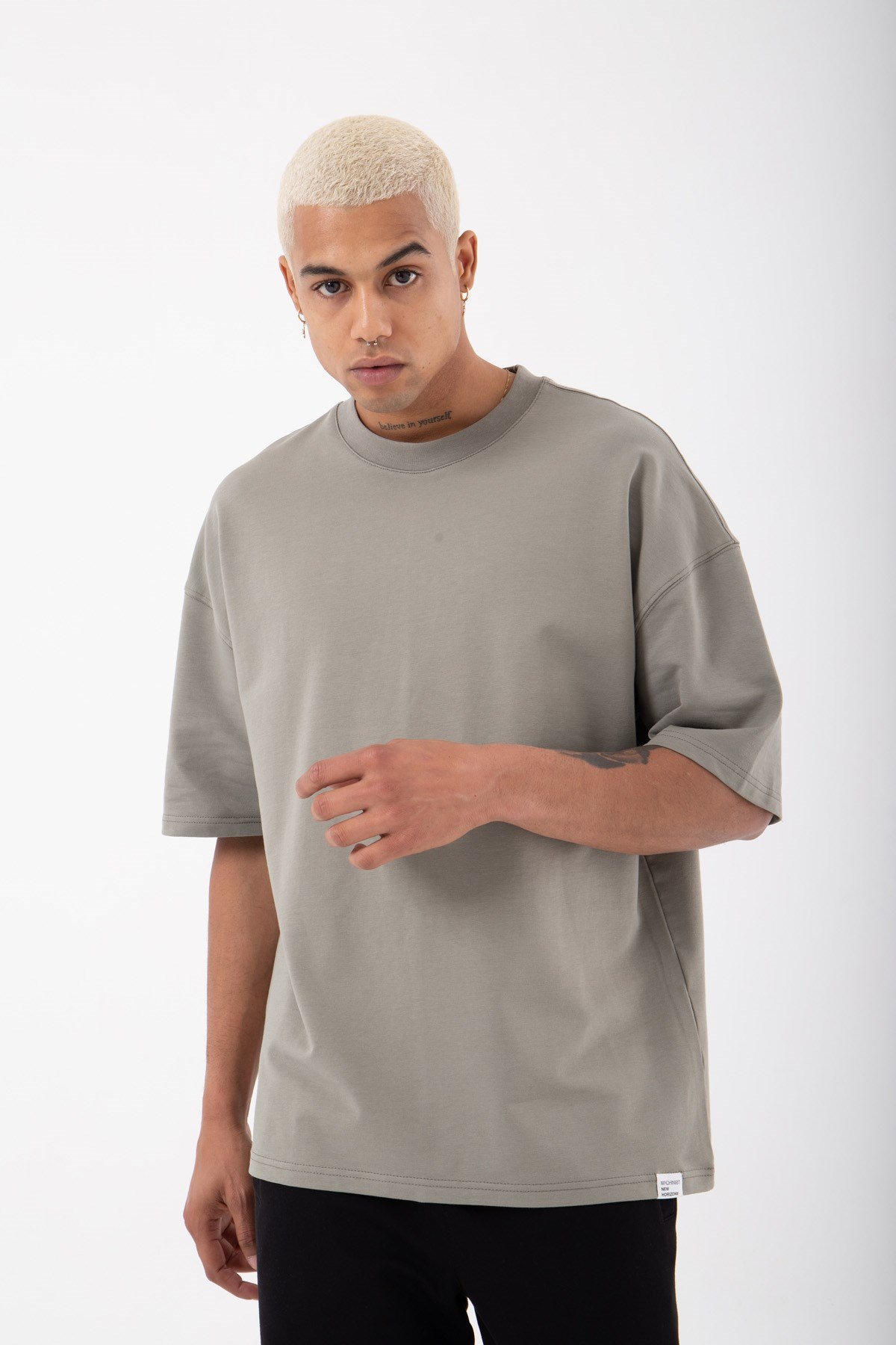 Oversize Basic Organik Pamuklu Kumaş T-Shirt HAKİ