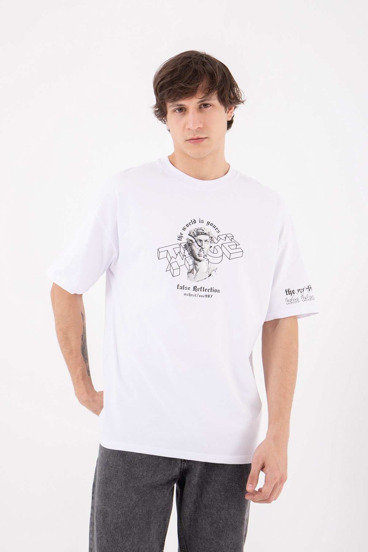 Oversize True Baskılı Pamuklu T-Shirt BEYAZ