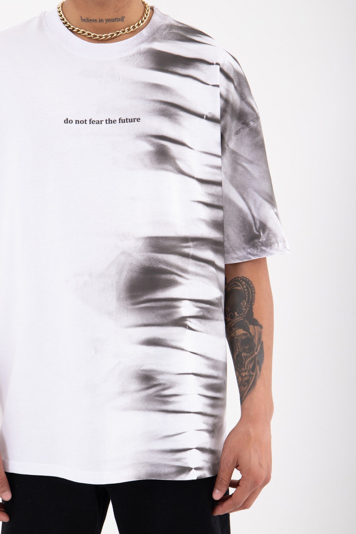 Overize Do Not Fear Baskılı Pamuklu T-Shirt BEYAZ