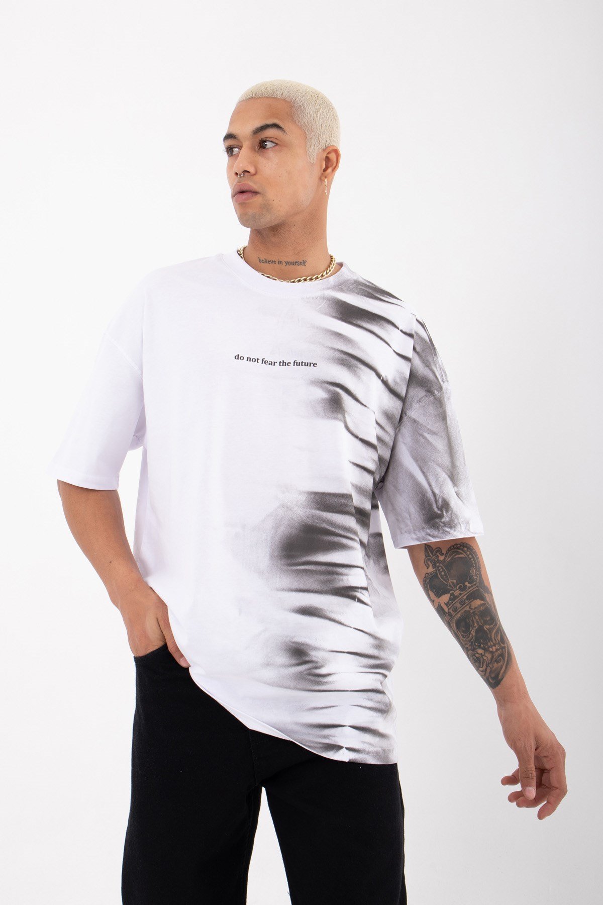 Overize Do Not Fear Baskılı Pamuklu T-Shirt BEYAZ