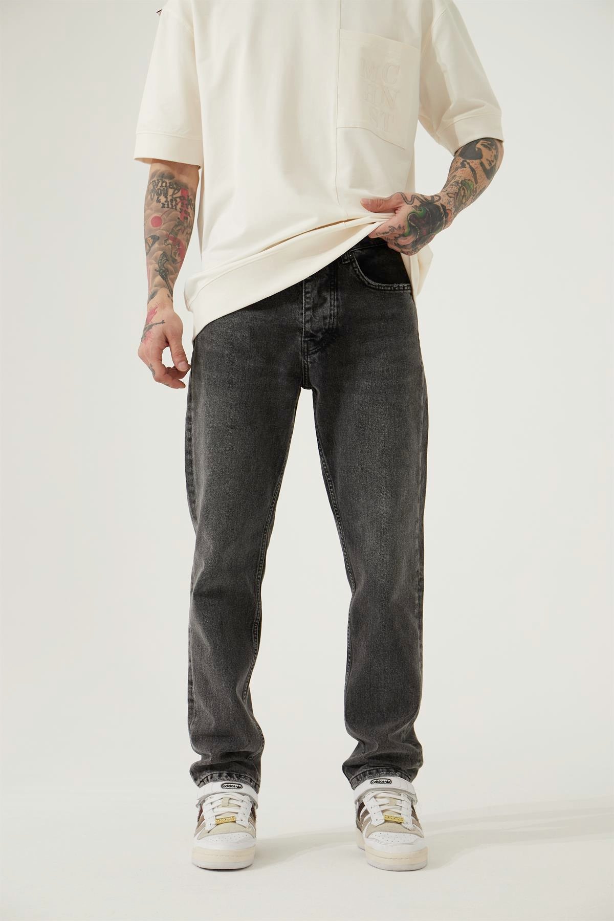 Erkek Loose Fit Yıkamalı Jean Pantolon / Asphalt
