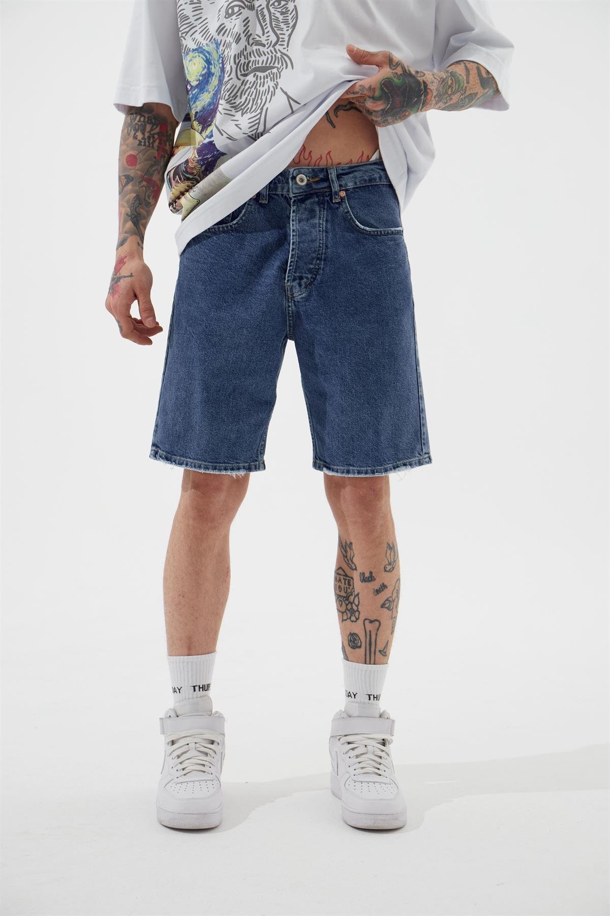 Erkek Loose Fith Denim Koyu Mavi Bermuda Şort