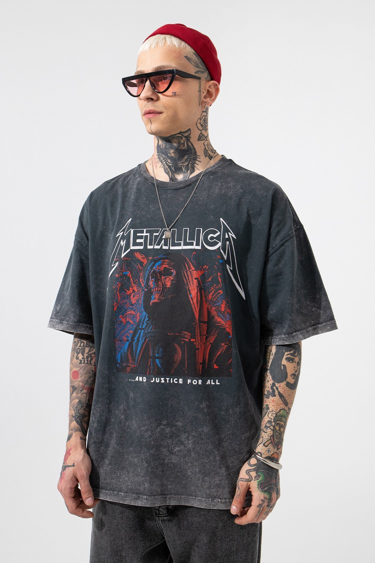 Oversize Yıkamalı Metallica Baskılı Pamuklu T-Shirt SİYAH