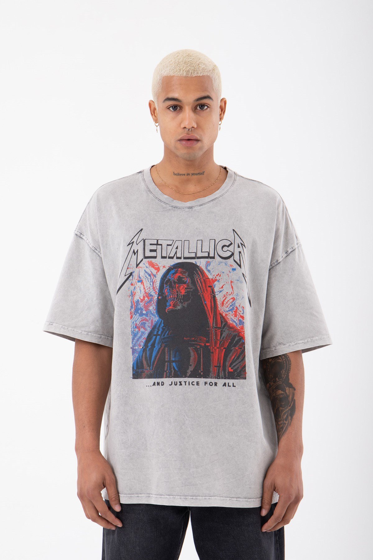 Oversize Metallica Baskılı Pamuklu T-Shirt EKRU