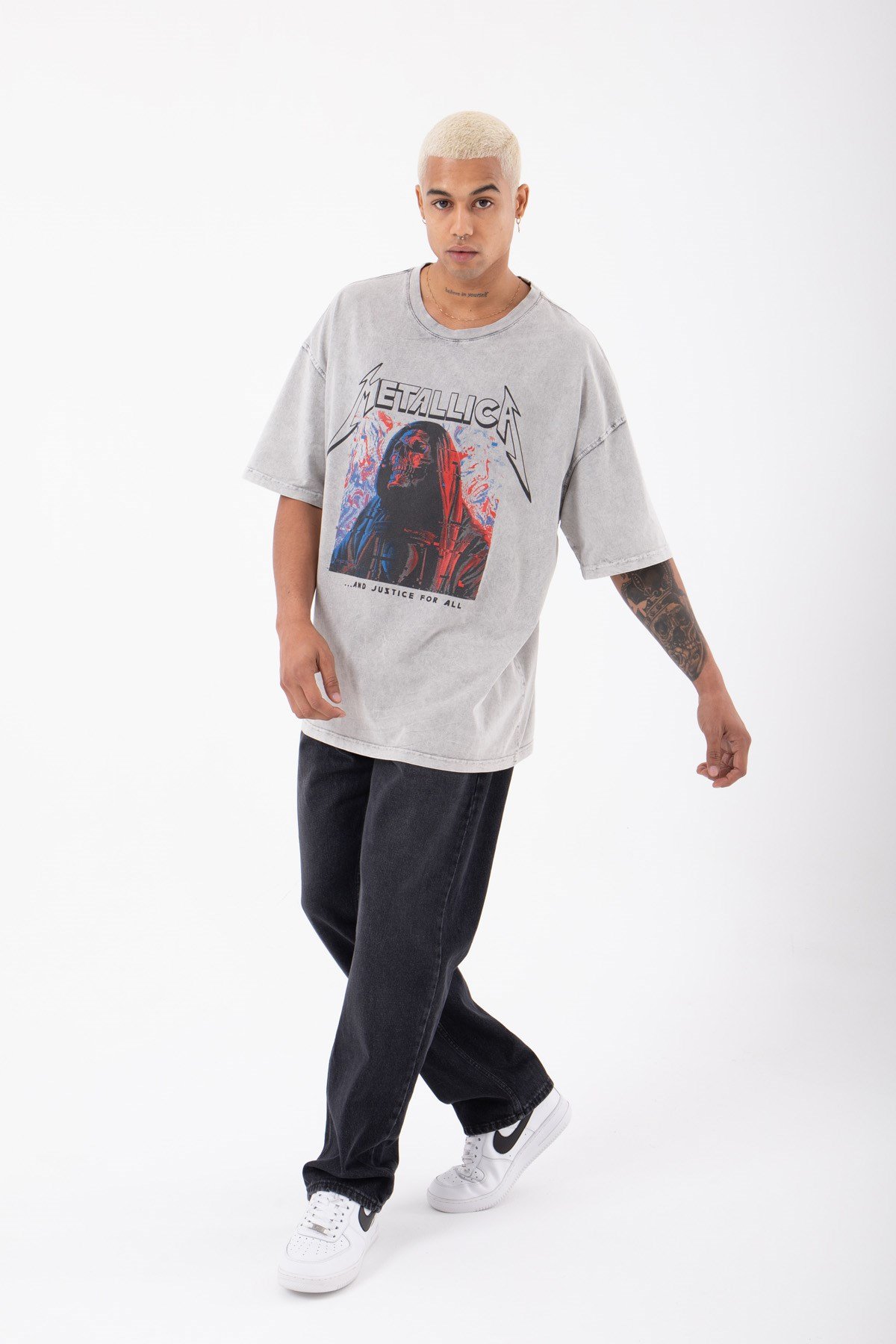 Oversize Metallica Baskılı Pamuklu T-Shirt EKRU