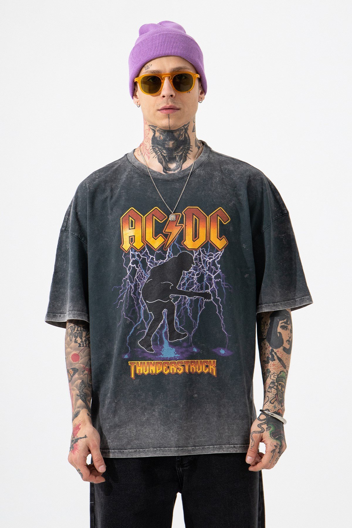 Oversize AC/DC Baskılı Yıkamalı Pamuklu T-Shirt SİYAH