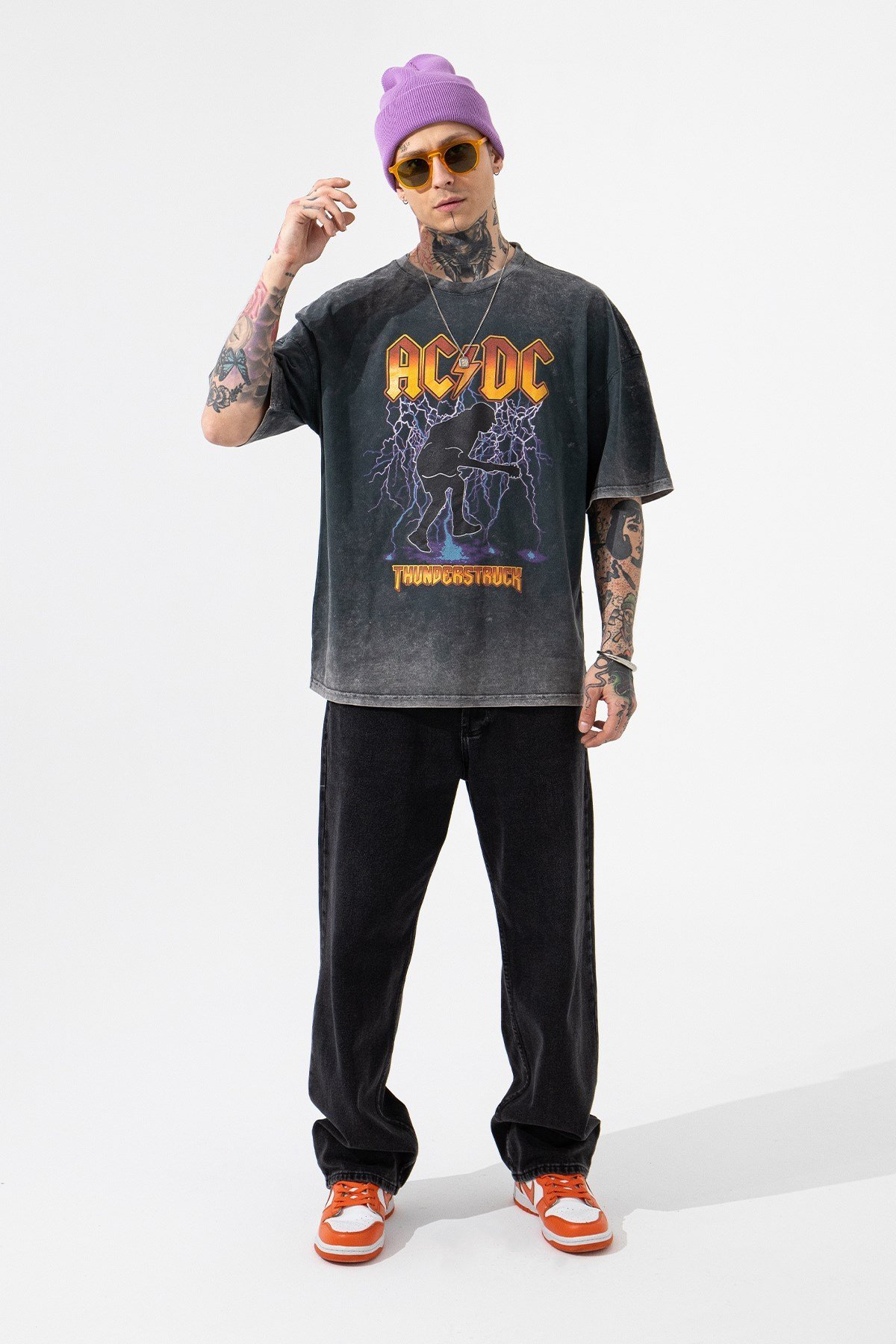 Oversize AC/DC Baskılı Yıkamalı Pamuklu T-Shirt SİYAH