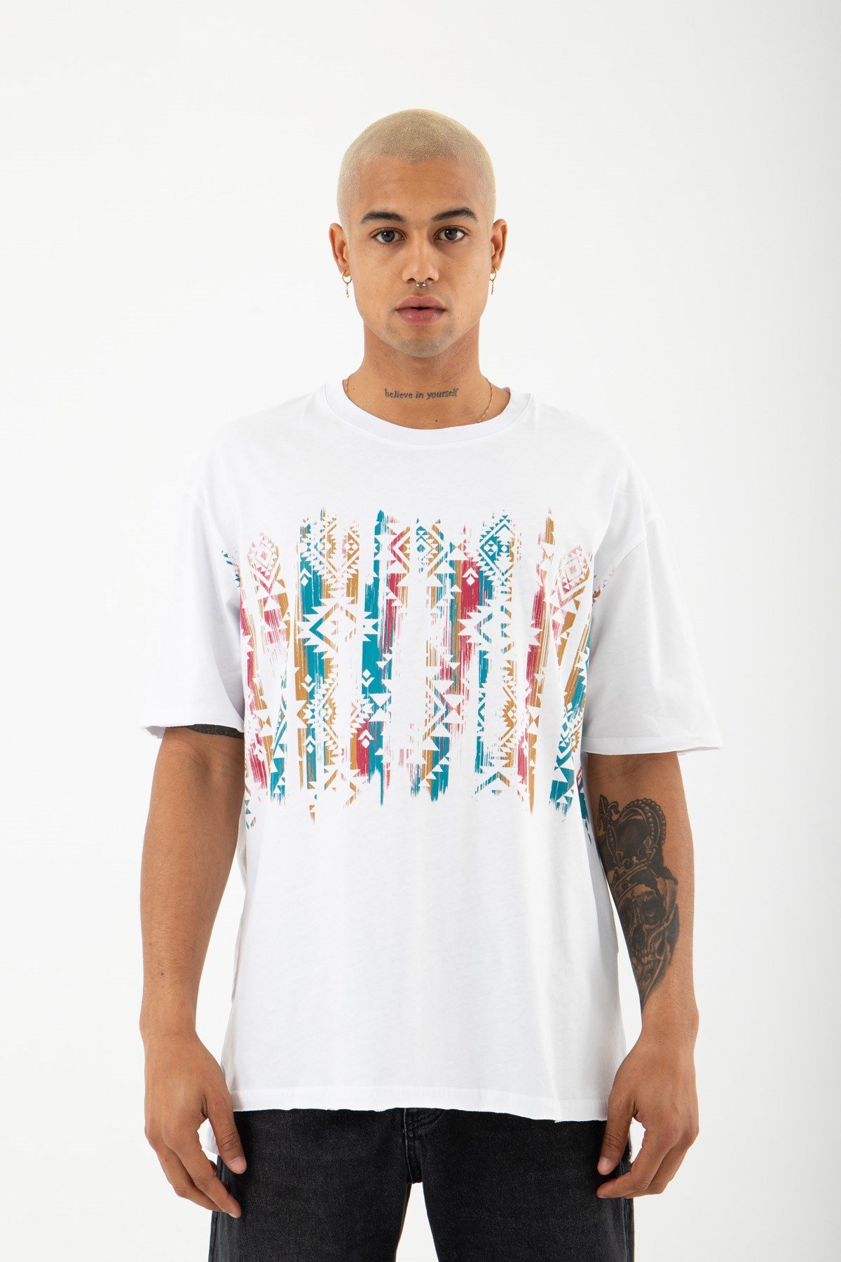 Relaxed Etnik Baskılı Pamuklu T-shirt BEYAZ