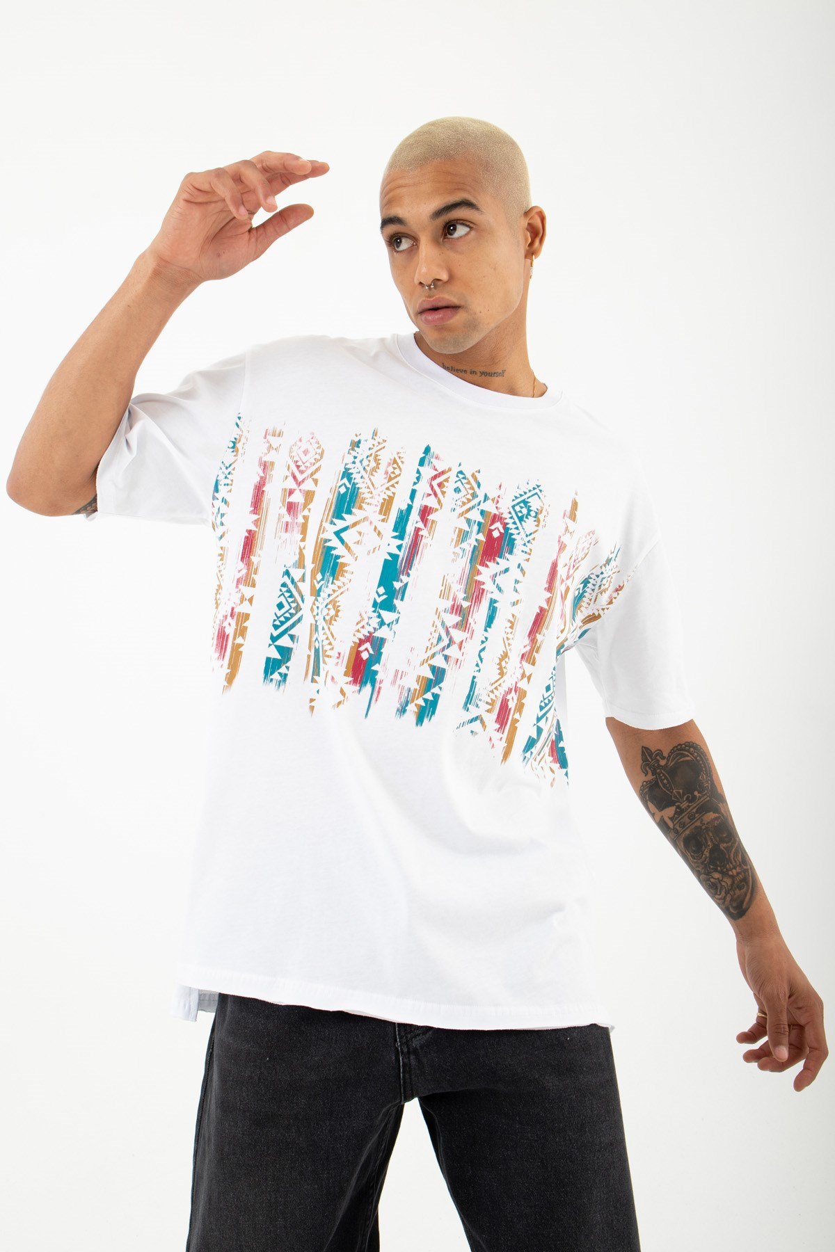 Relaxed Etnik Baskılı Pamuklu T-shirt BEYAZ