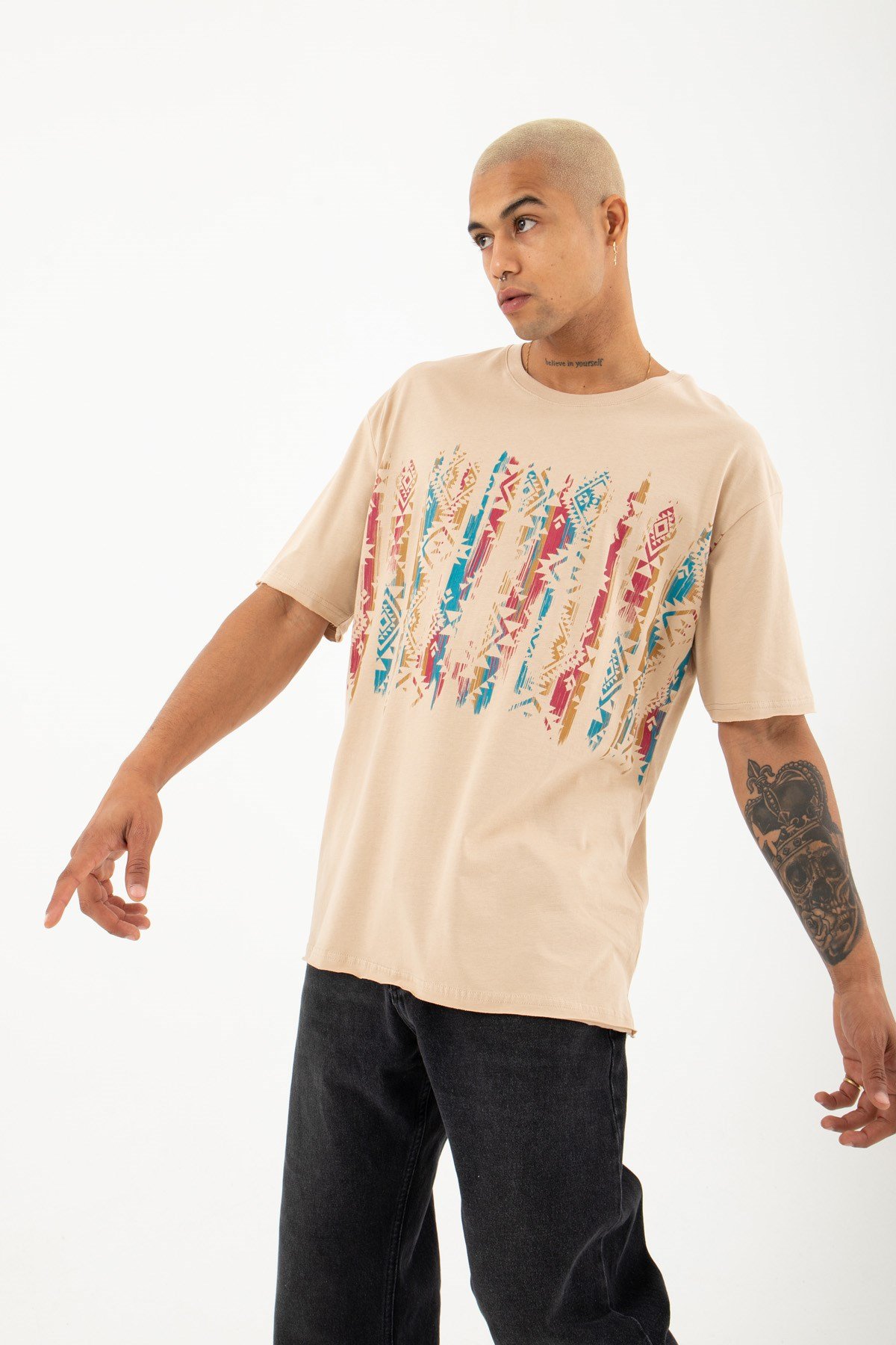Relaxed Etnik Baskılı Pamuklu T-shirt BEJ