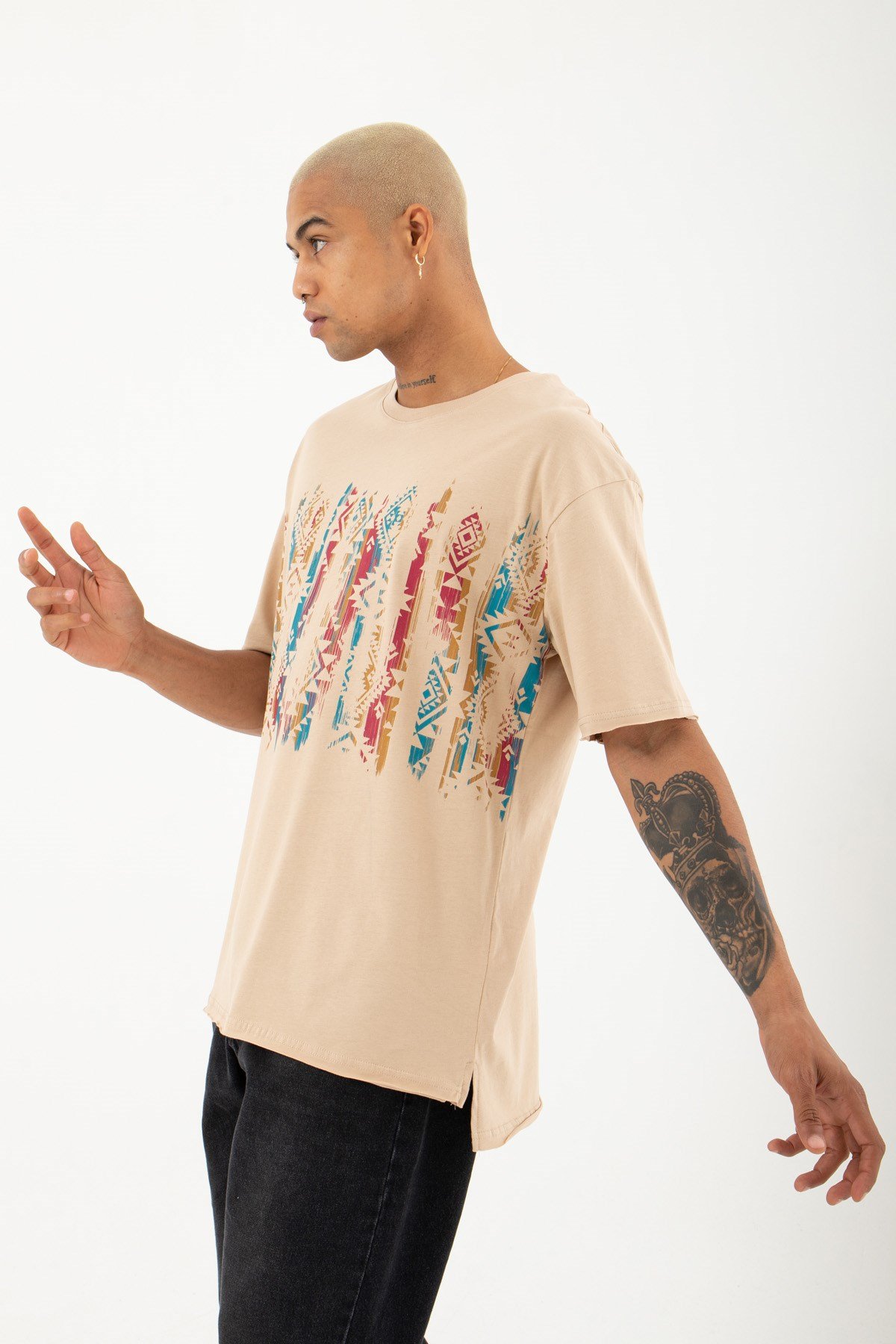 Relaxed Etnik Baskılı Pamuklu T-shirt BEJ