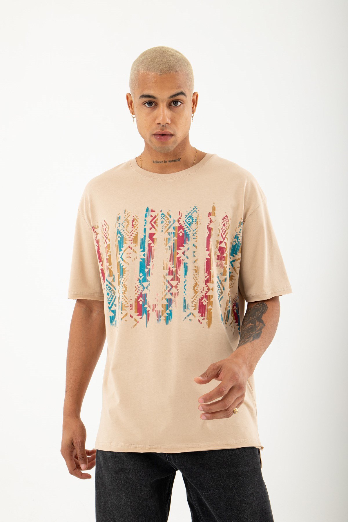 Relaxed Etnik Baskılı Pamuklu T-shirt BEJ