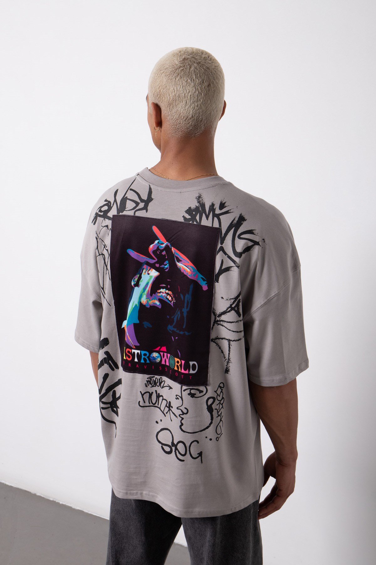 Oversize Astroworld Baskılı Pamuklu T-Shirt ICE GRİ
