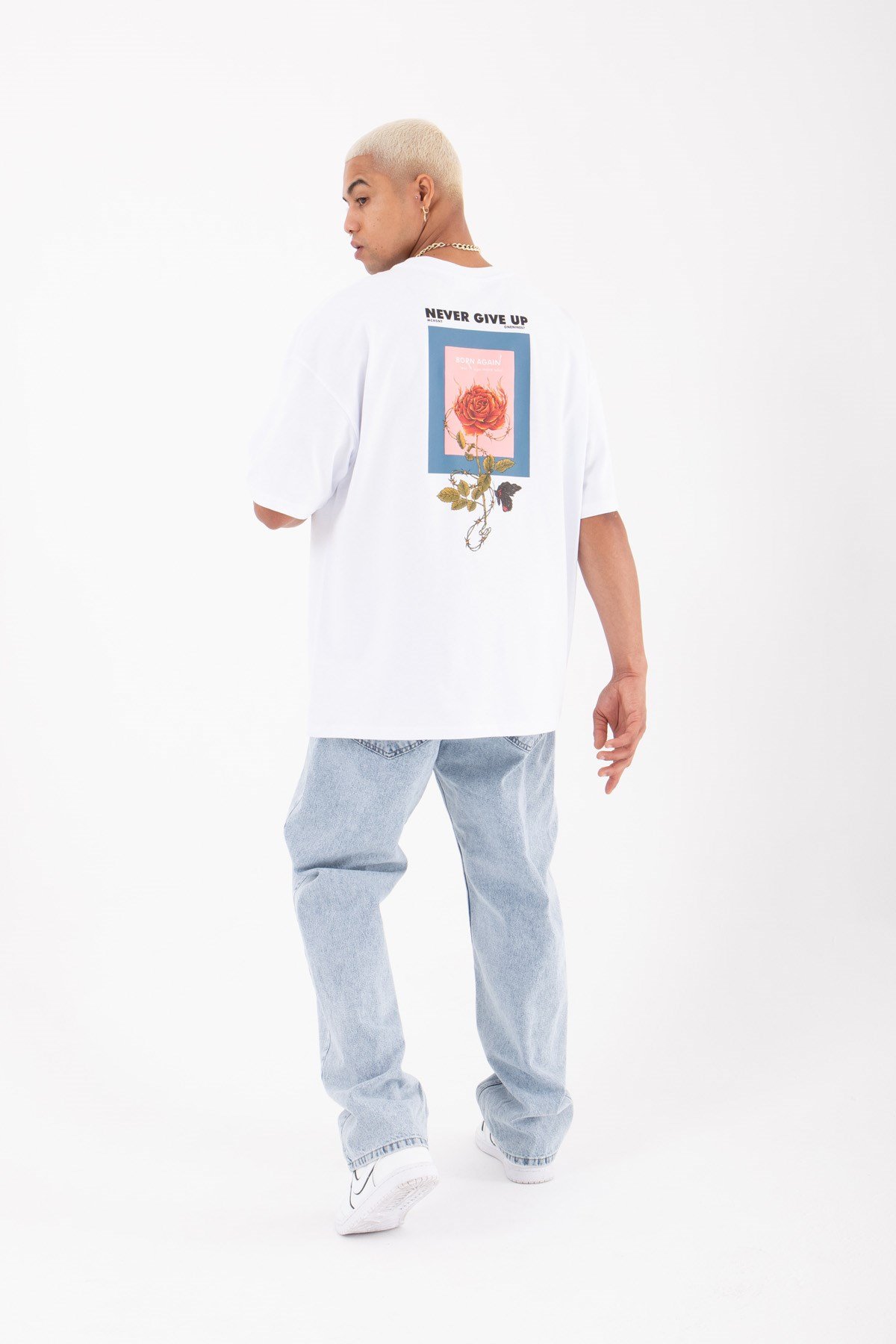 Oversize Never Gıve Up Baskılı Pamuklu T-Shirt BEYAZ