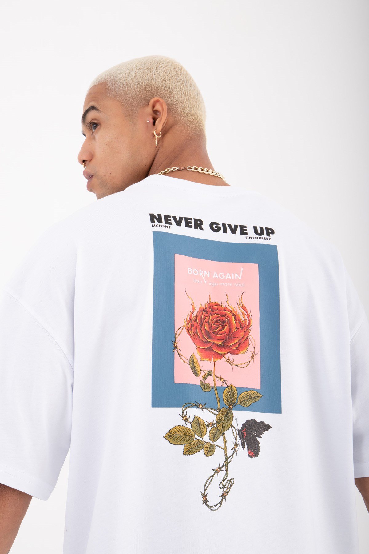 Oversize Never Gıve Up Baskılı Pamuklu T-Shirt BEYAZ