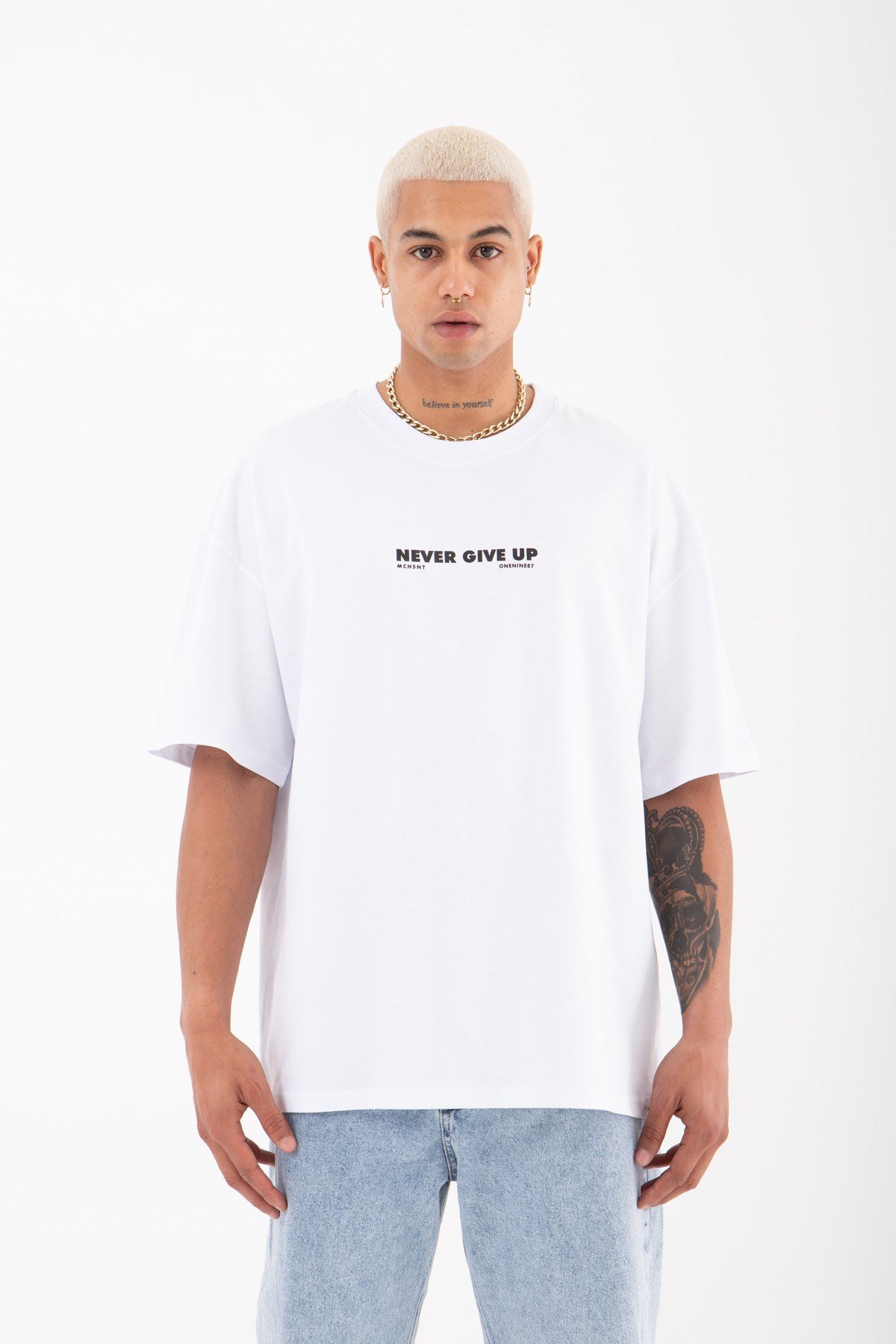 Oversize Never Gıve Up Baskılı Pamuklu T-Shirt BEYAZ