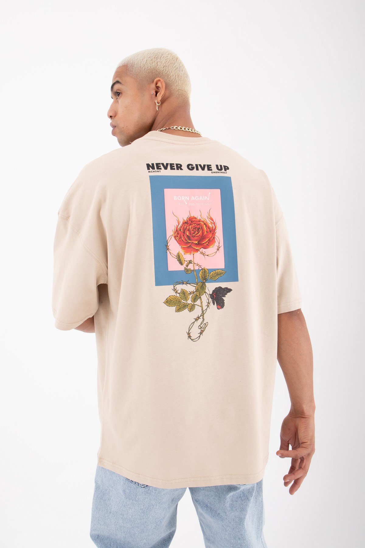 Oversize Never Gıve Up Baskılı Pamuklu T-Shirt BEJ