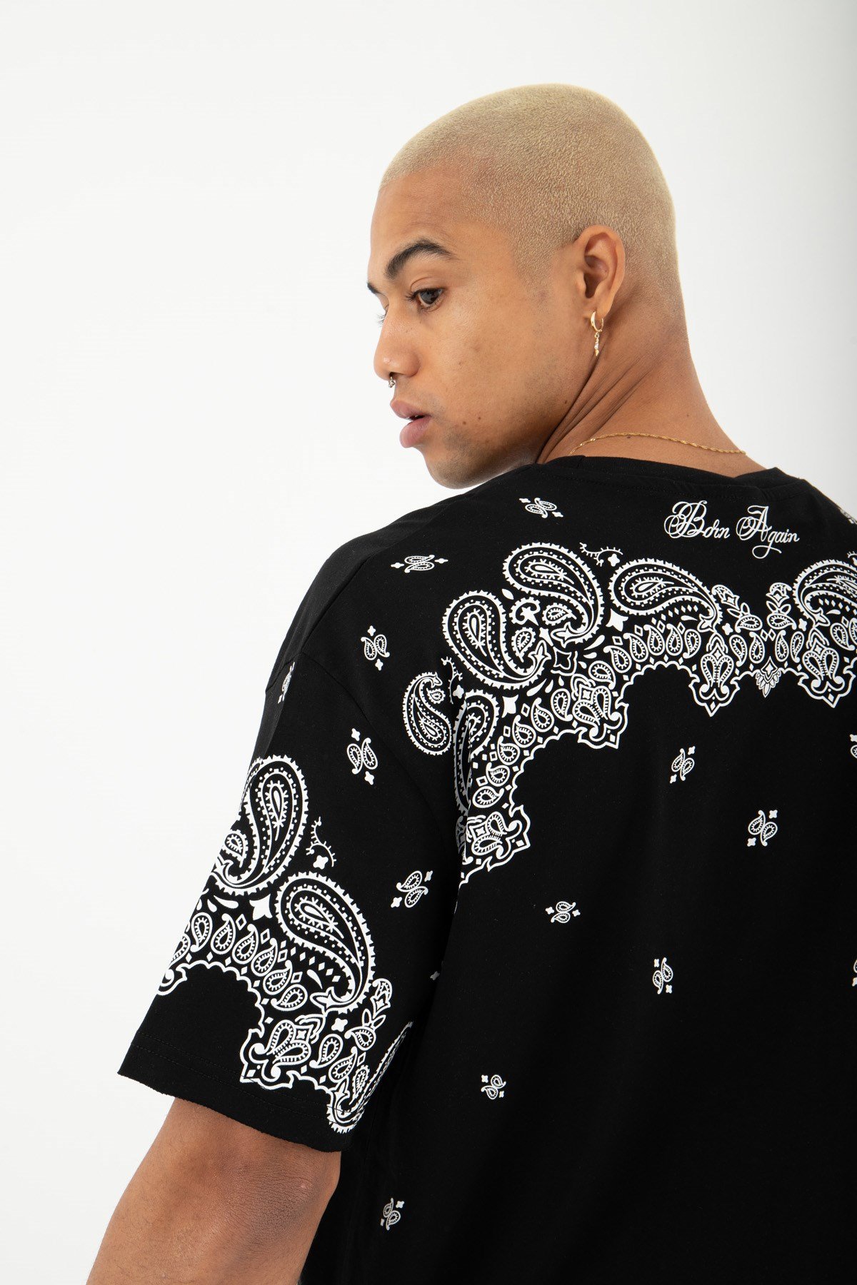 Relaxed Ethnic Paisley Baskılı Pamuklu T-Shirt SİYAH