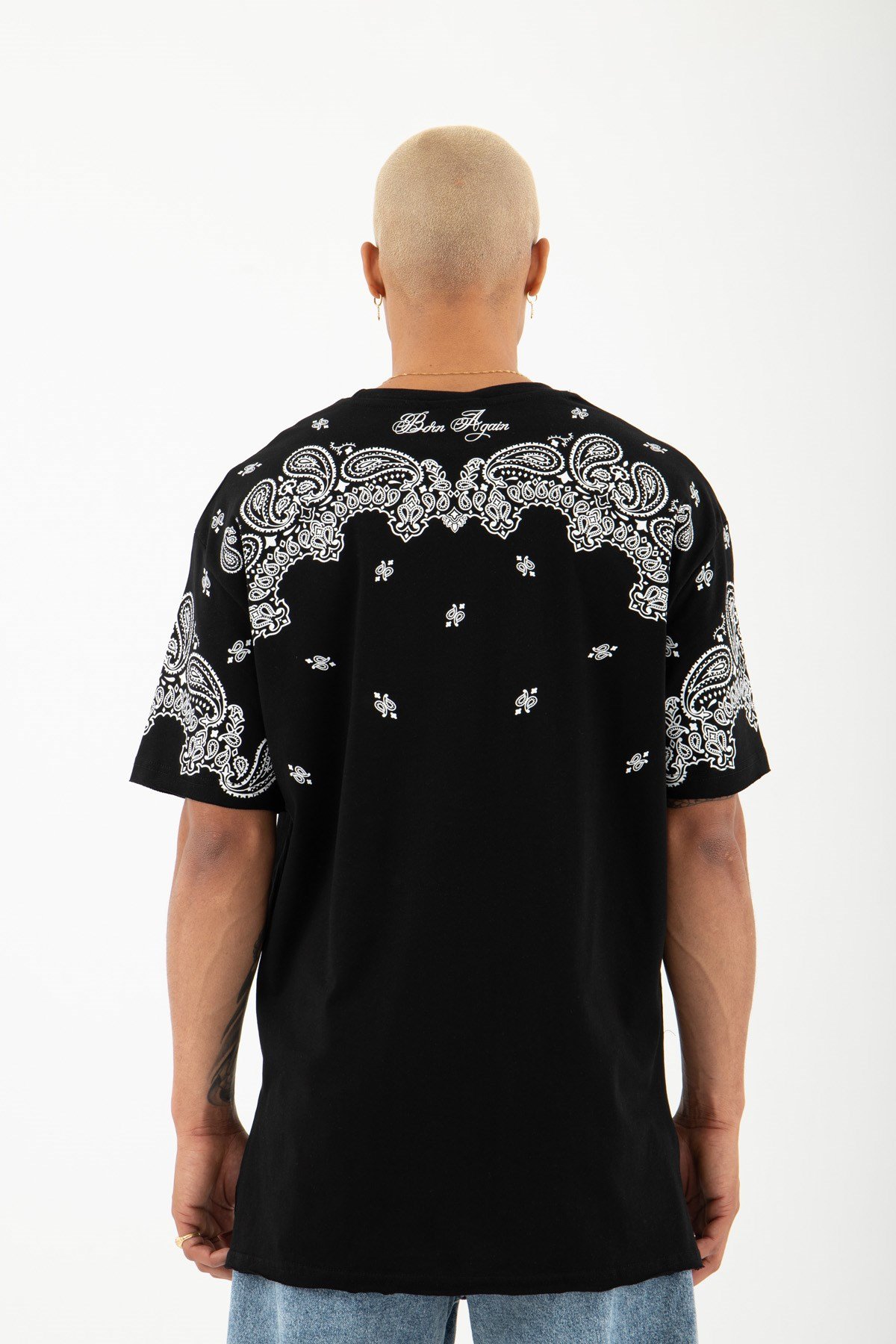 Relaxed Ethnic Paisley Baskılı Pamuklu T-Shirt SİYAH