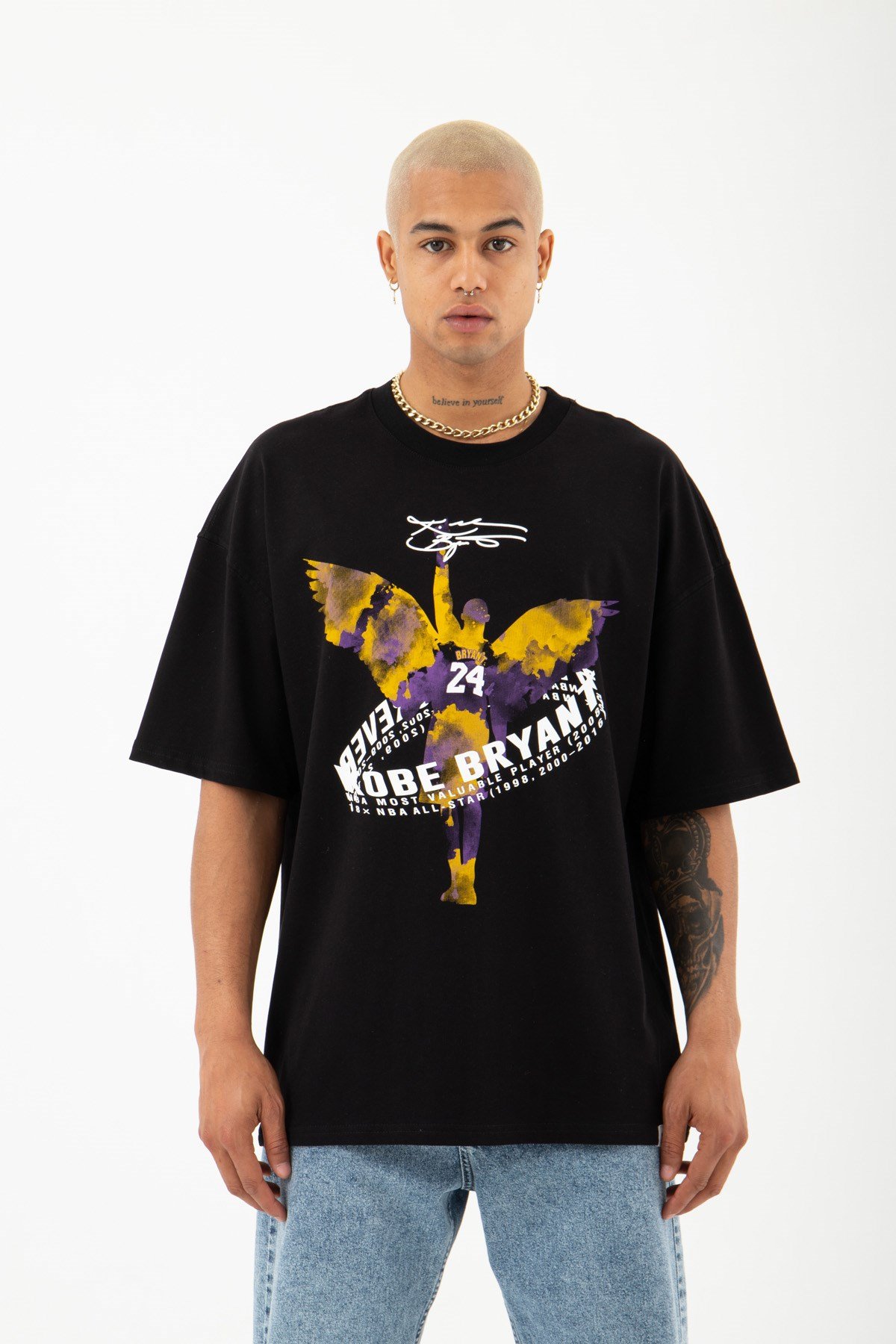 Oversize Kobe Bryant Baskılı Pamuklu T-Shirt SİYAH