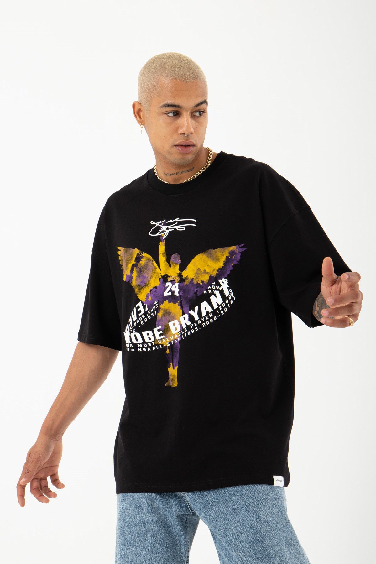 Oversize Kobe Bryant Baskılı Pamuklu T-Shirt SİYAH