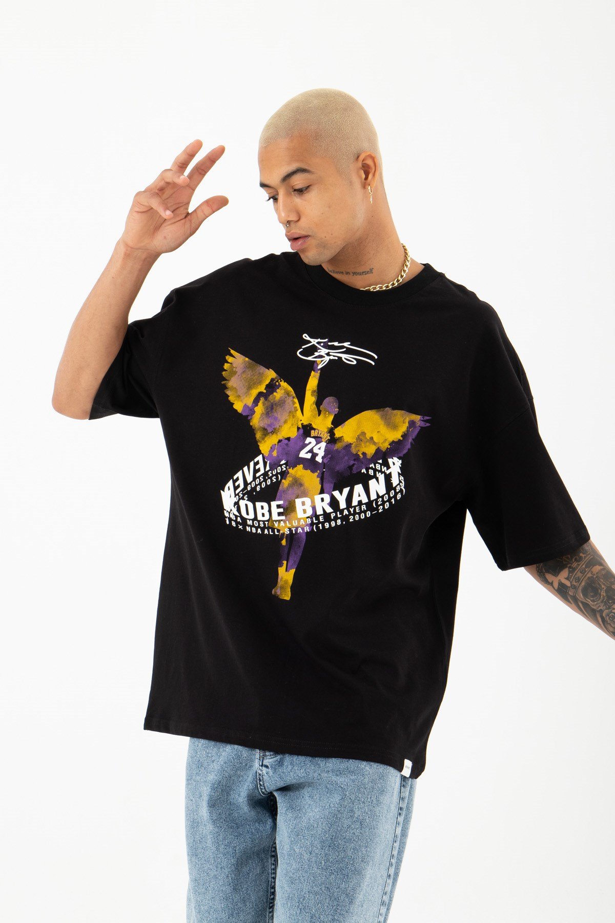 Oversize Kobe Bryant Baskılı Pamuklu T-Shirt SİYAH
