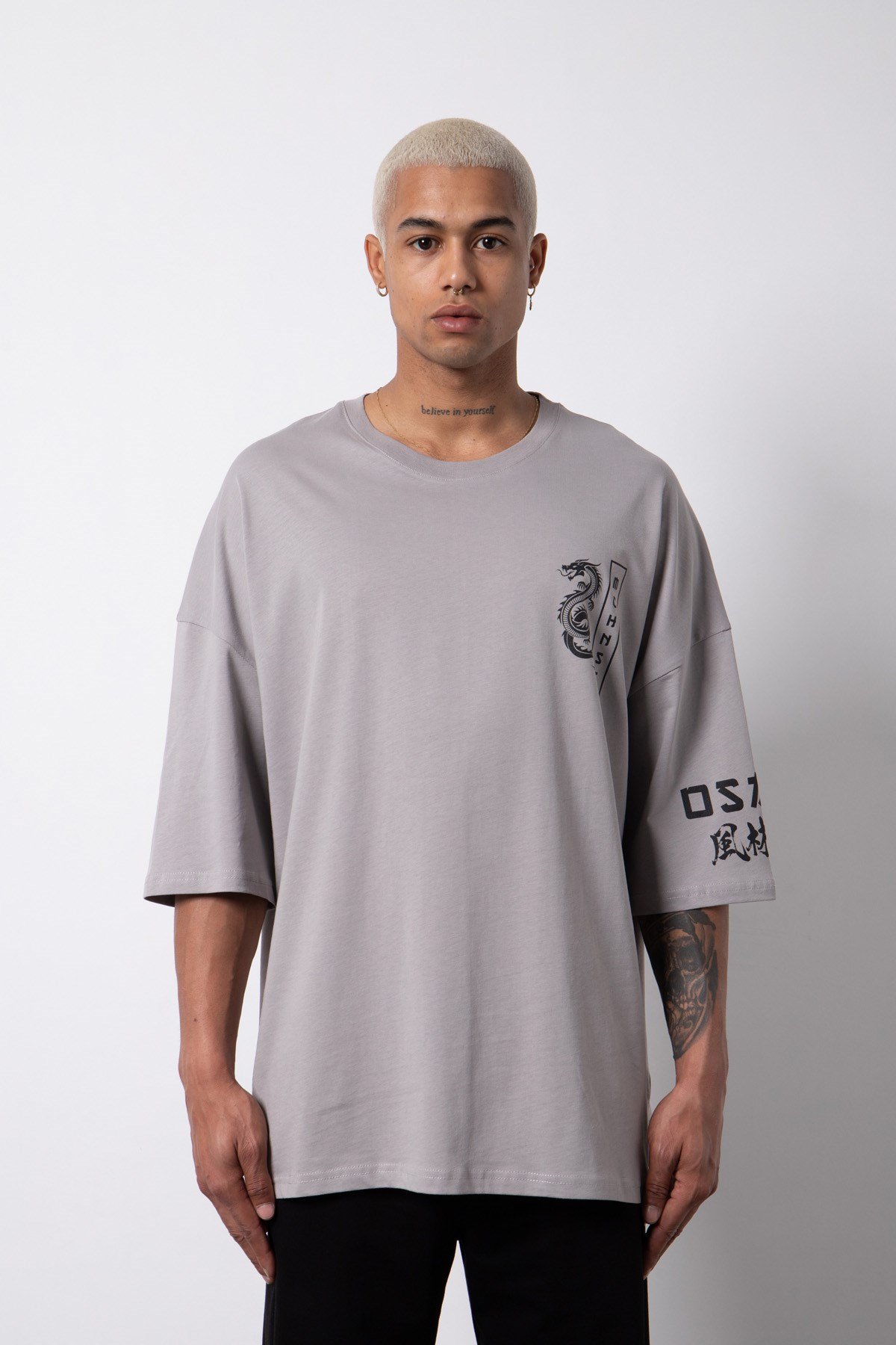 Super Oversize Born Again Baskılı Pamuklu T-Shirt ICE GRİ