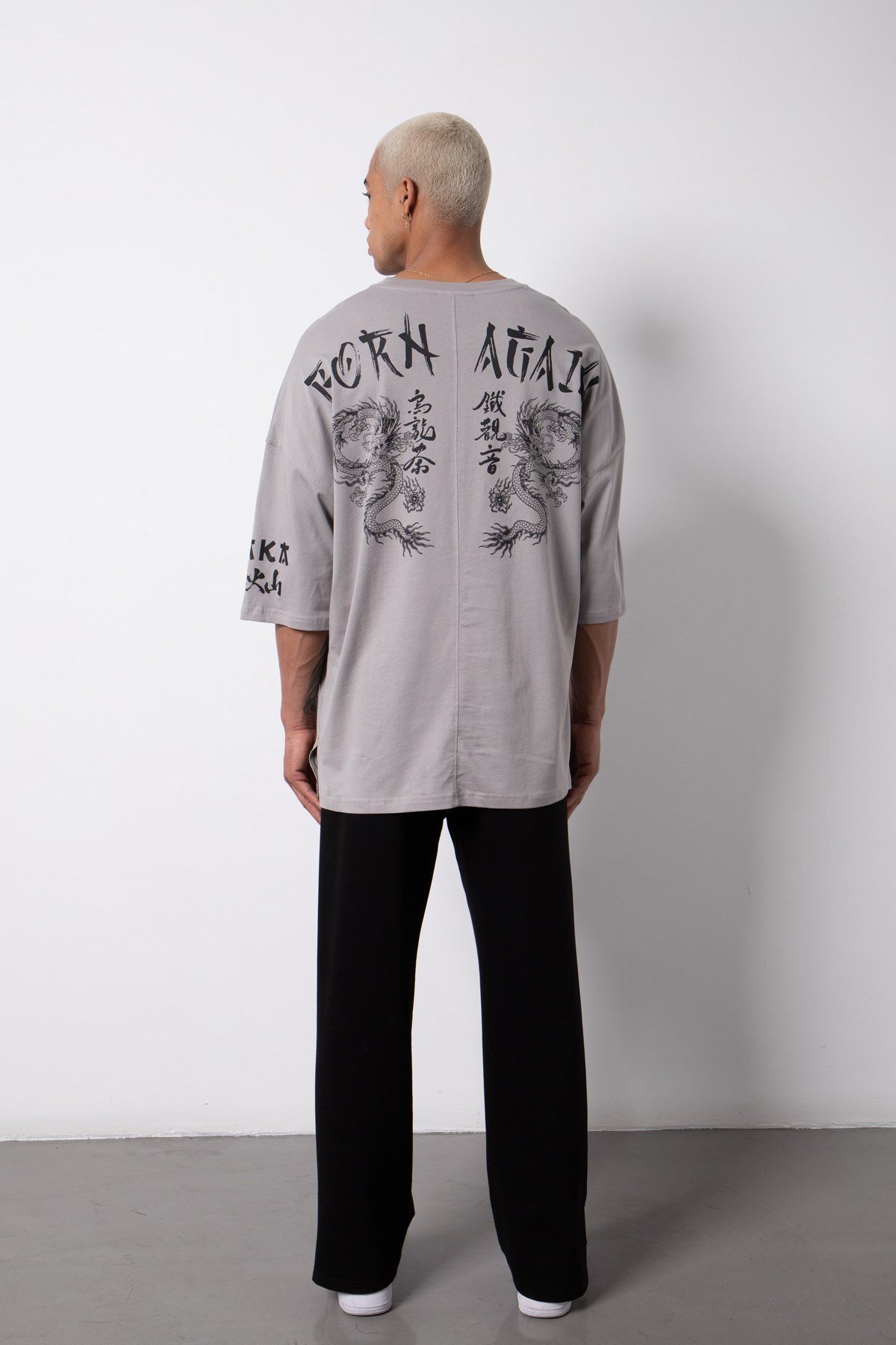 Super Oversize Born Again Baskılı Pamuklu T-Shirt ICE GRİ