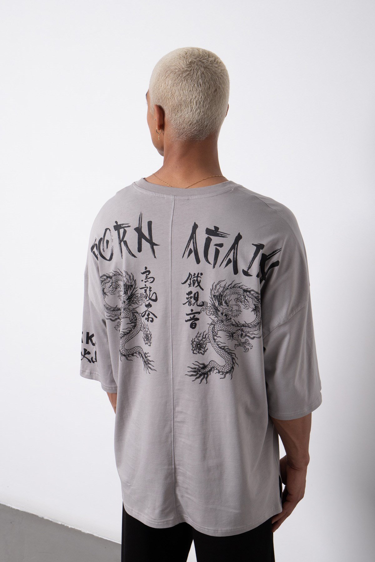 Super Oversize Born Again Baskılı Pamuklu T-Shirt ICE GRİ