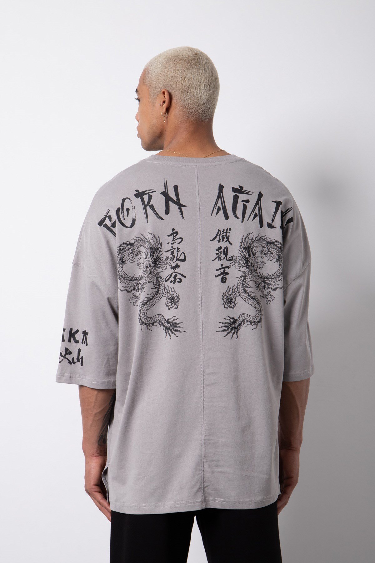 Super Oversize Born Again Baskılı Pamuklu T-Shirt ICE GRİ