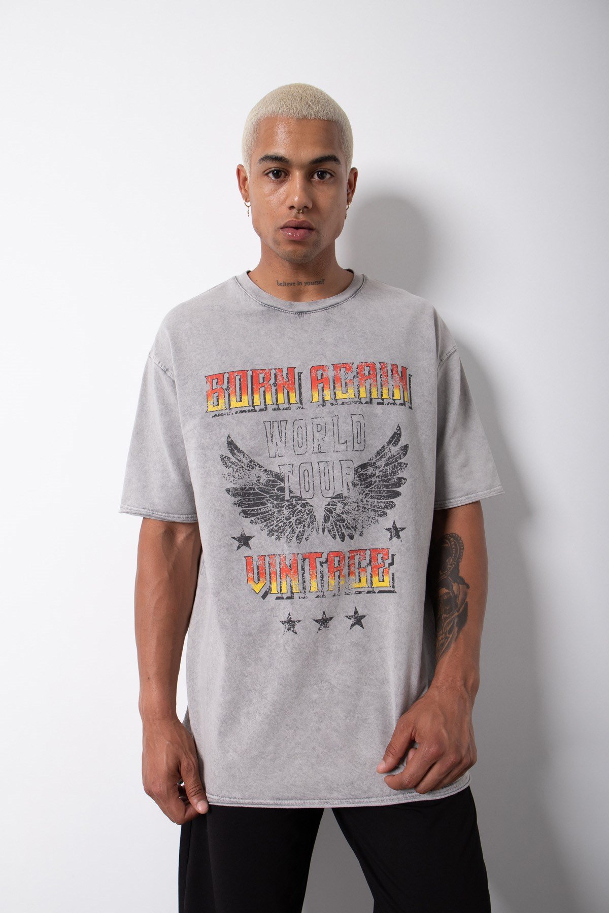 Relaxed Born Again Yıkamalı Baskılı Pamuklu T-Shirt  EKRU