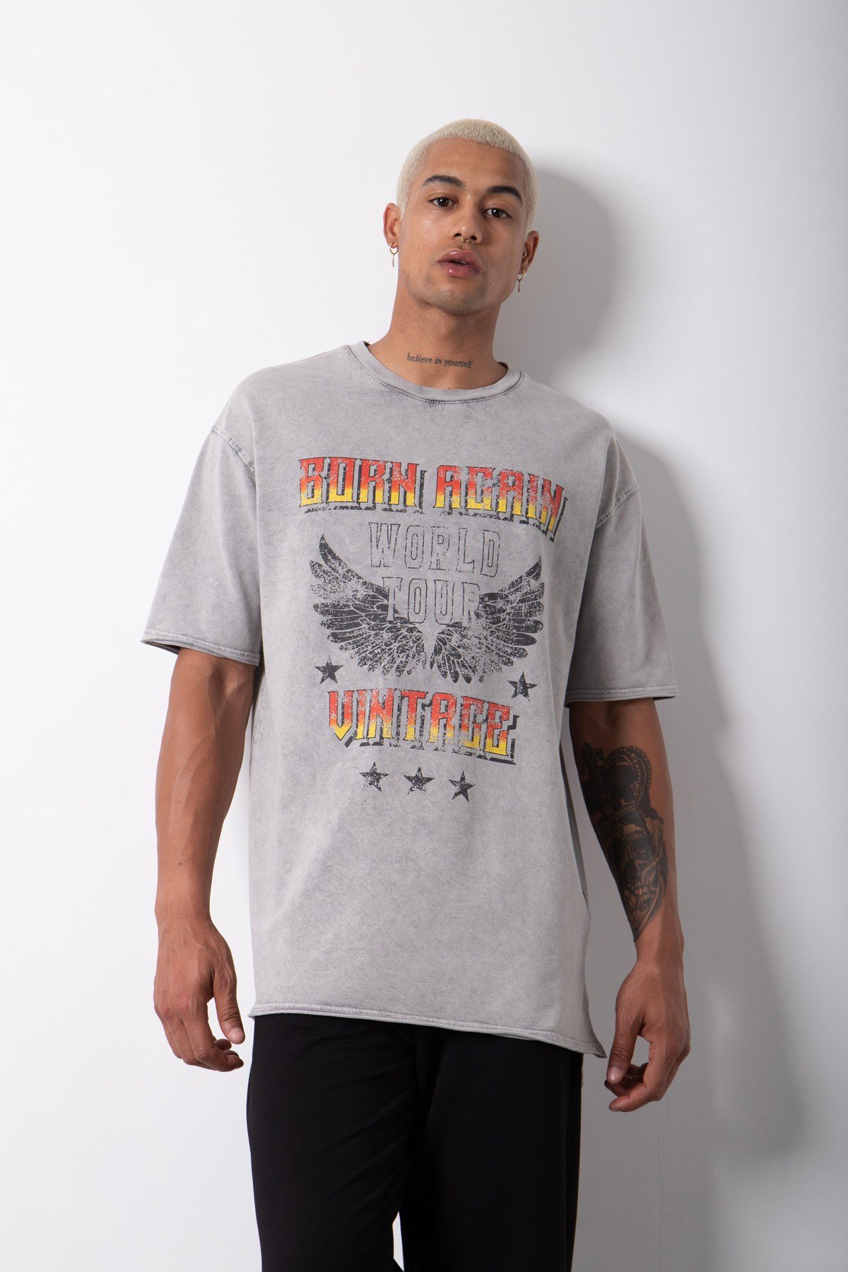 Relaxed Born Again Yıkamalı Baskılı Pamuklu T-Shirt  EKRU