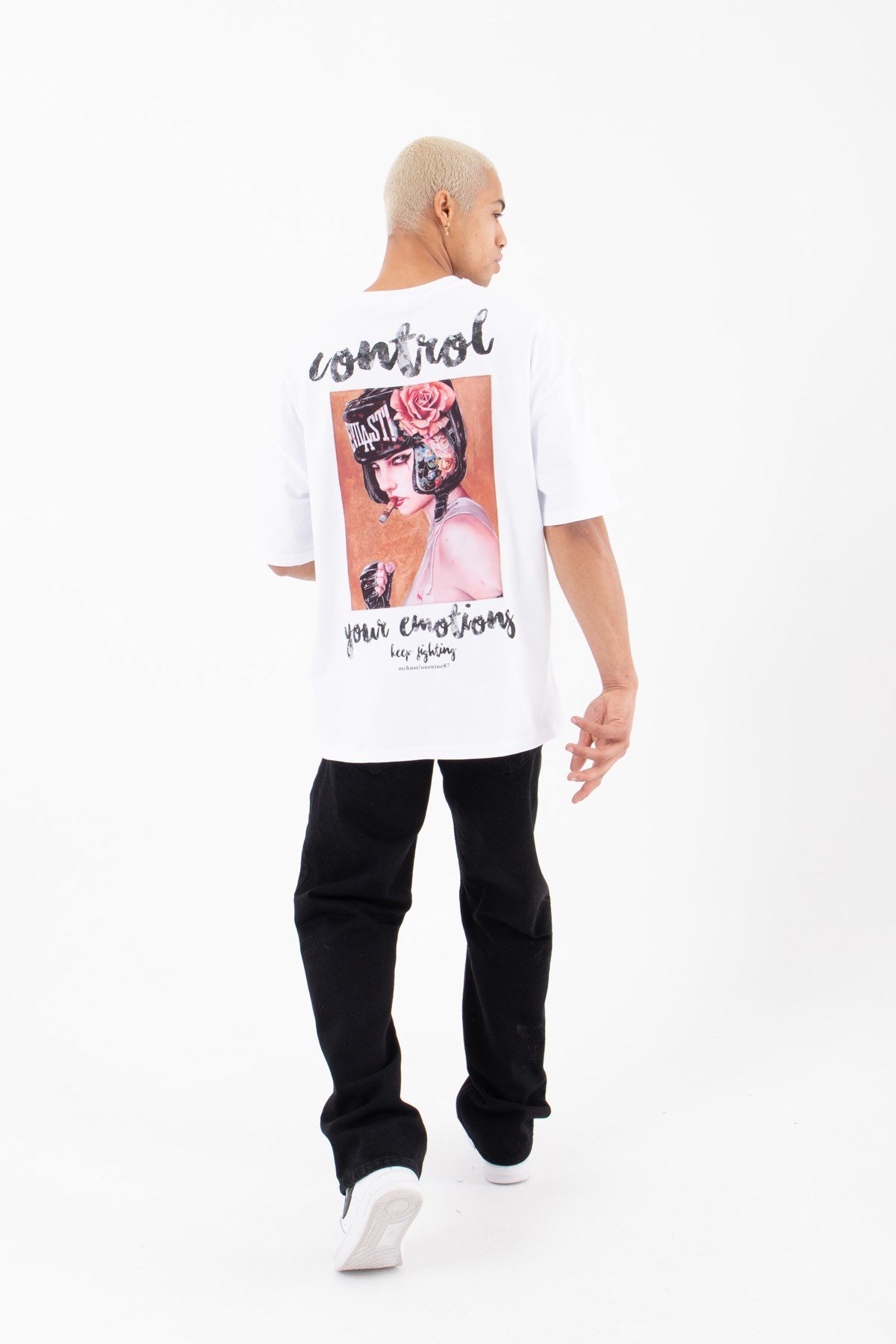 Oversize Control Baskılı Pamuklu T-Shirt BEYAZ